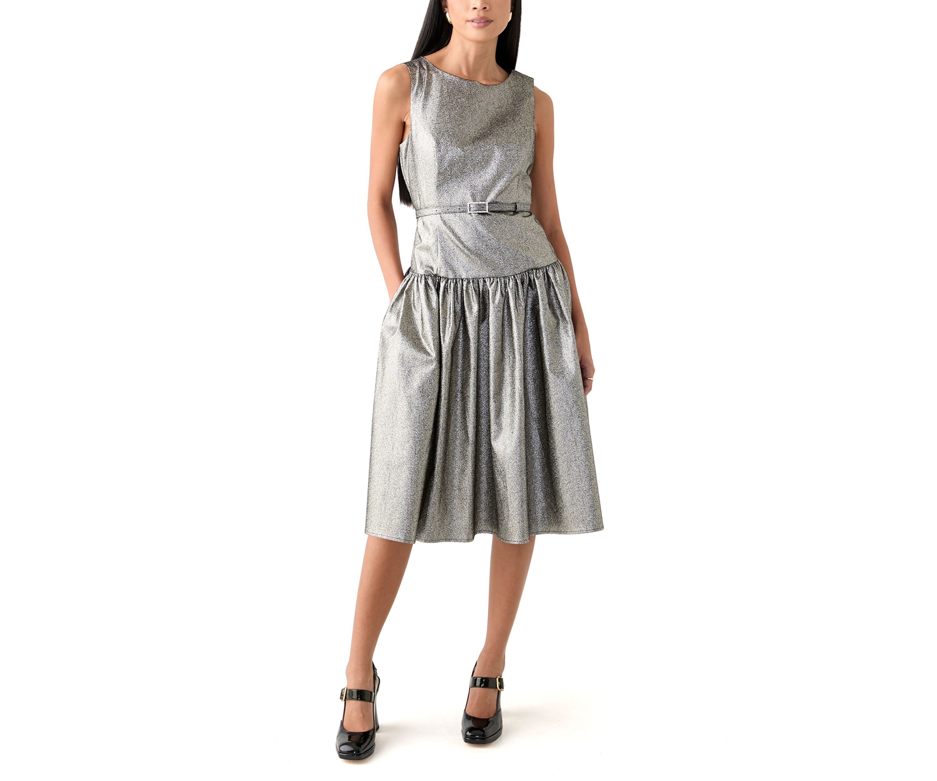 Womens Sleeveless Crew Neck Solid Belted Fit and Flare Dress