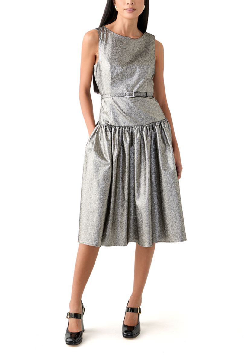 Womens Sleeveless Crew Neck Solid Belted Fit and Flare Dress