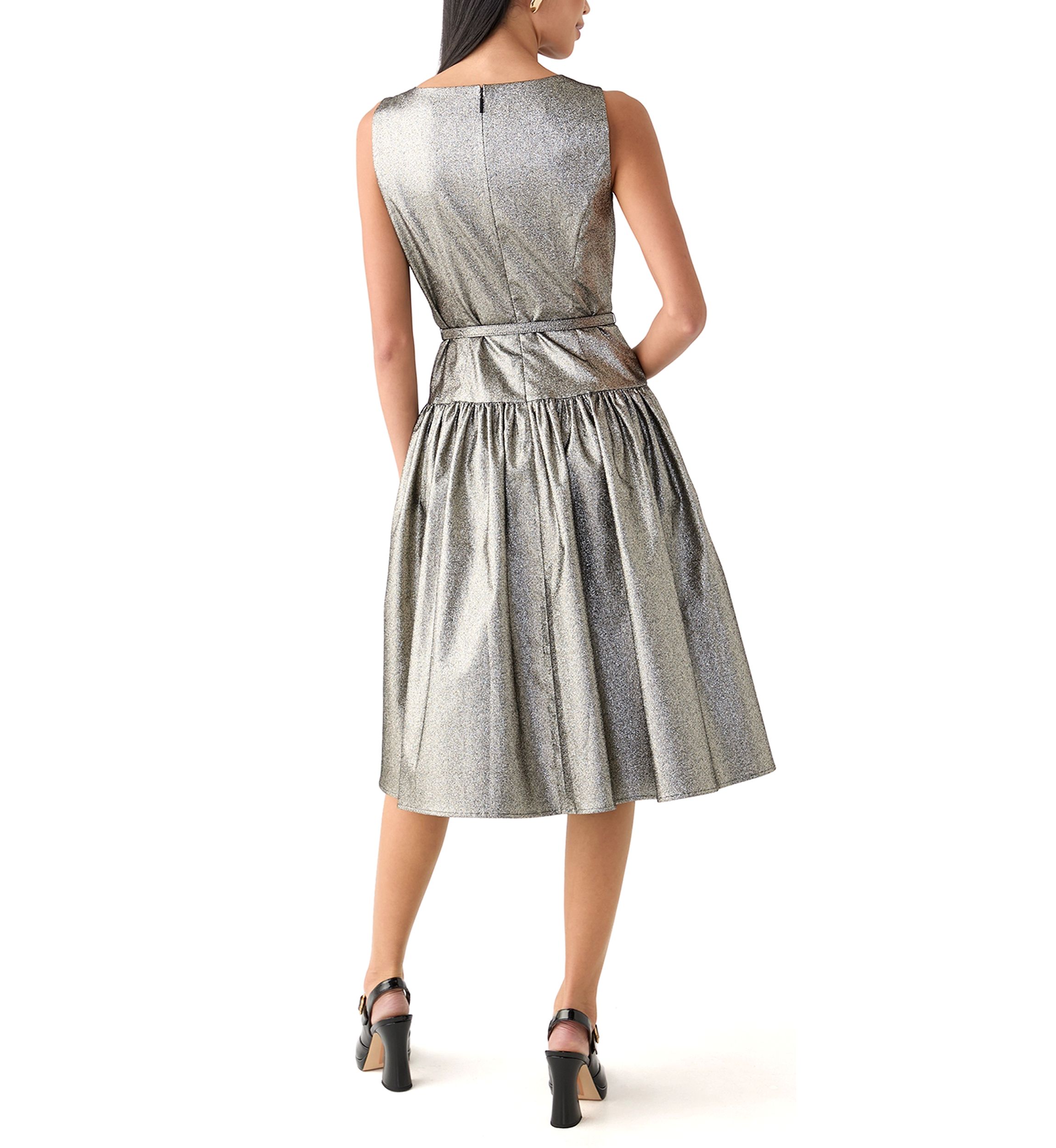 Womens Sleeveless Crew Neck Solid Belted Fit and Flare Dress