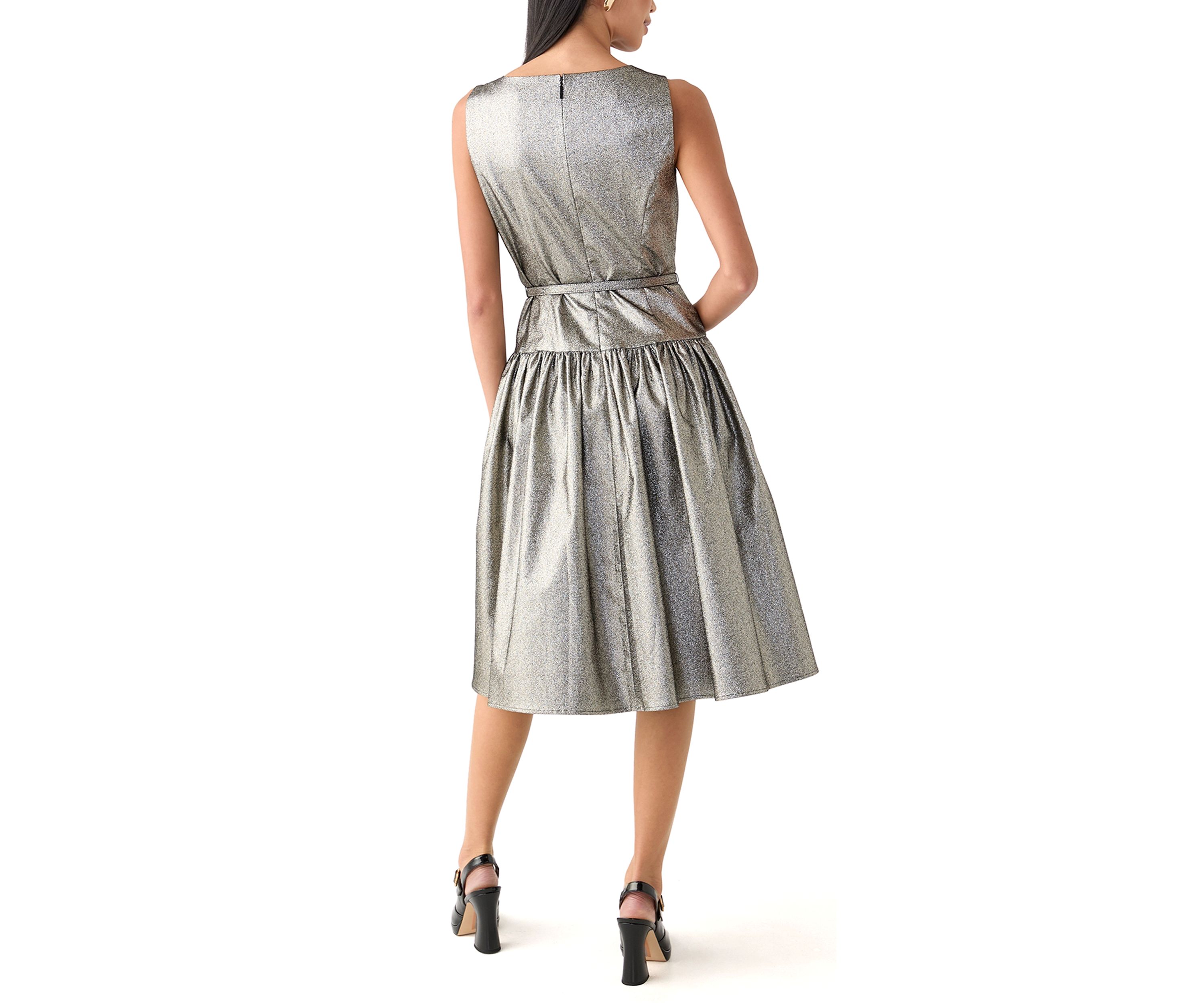 Womens Sleeveless Crew Neck Solid Belted Fit and Flare Dress