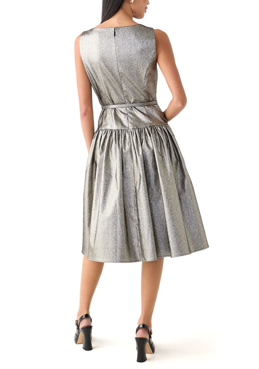 Womens Sleeveless Crew Neck Solid Belted Fit and Flare Dress
