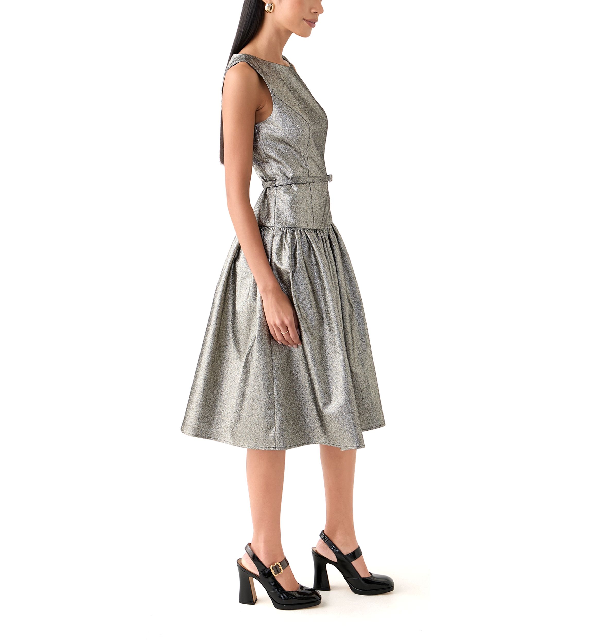 Womens Sleeveless Crew Neck Solid Belted Fit and Flare Dress