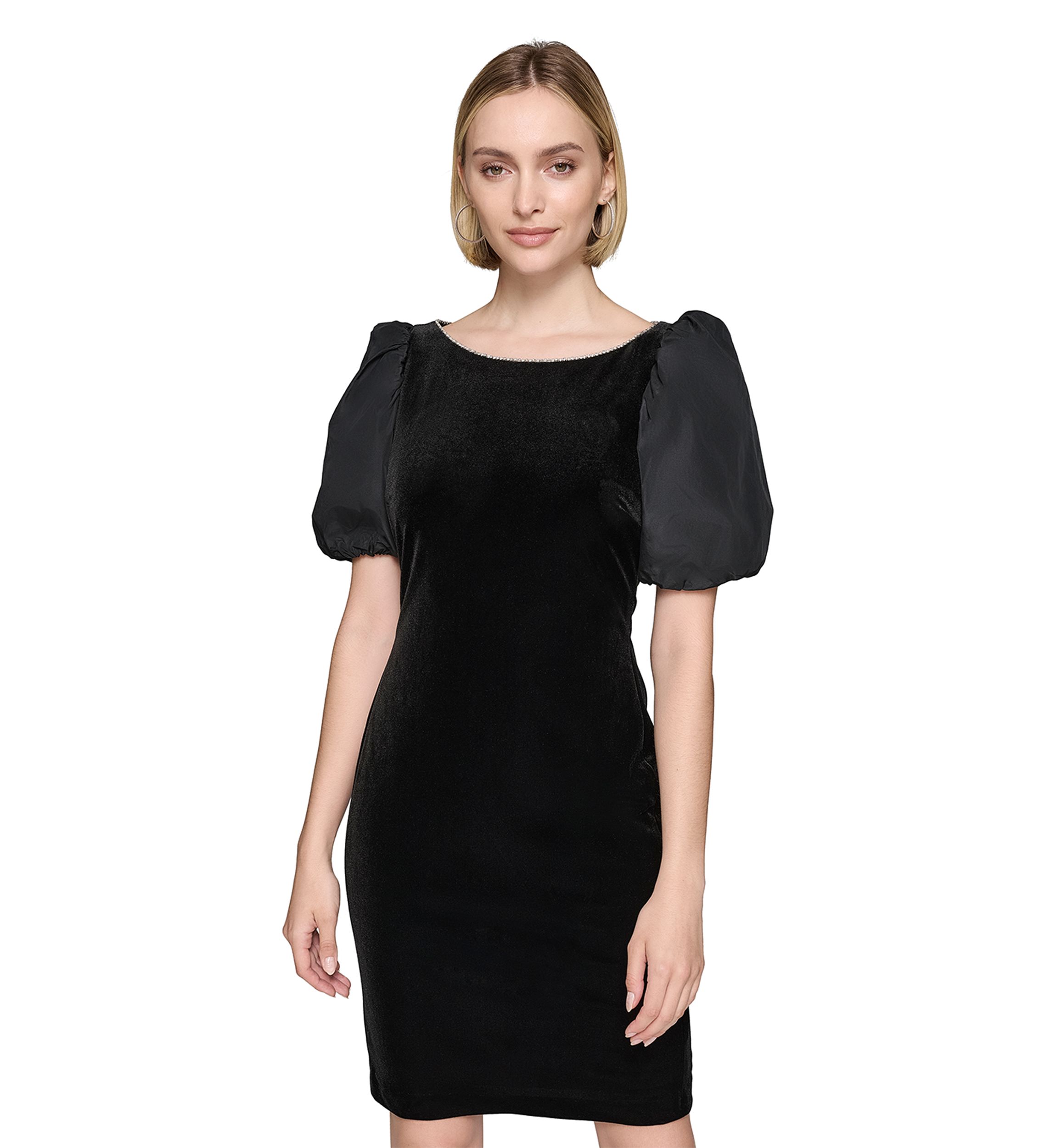 Womens Velvet Sheath Dress with Taffeta Puff Sleeves 