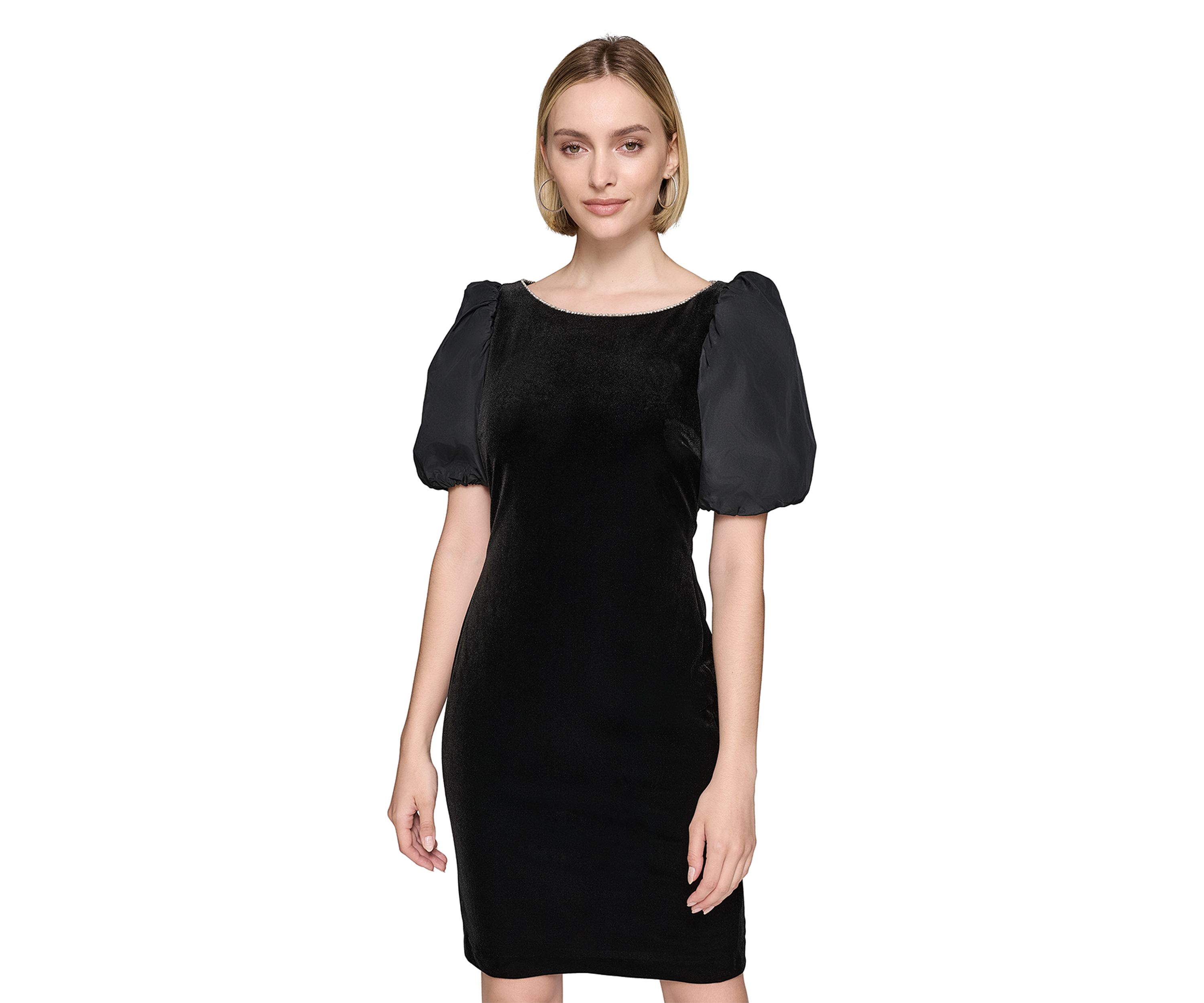 Womens Velvet Sheath Dress with Taffeta Puff Sleeves 