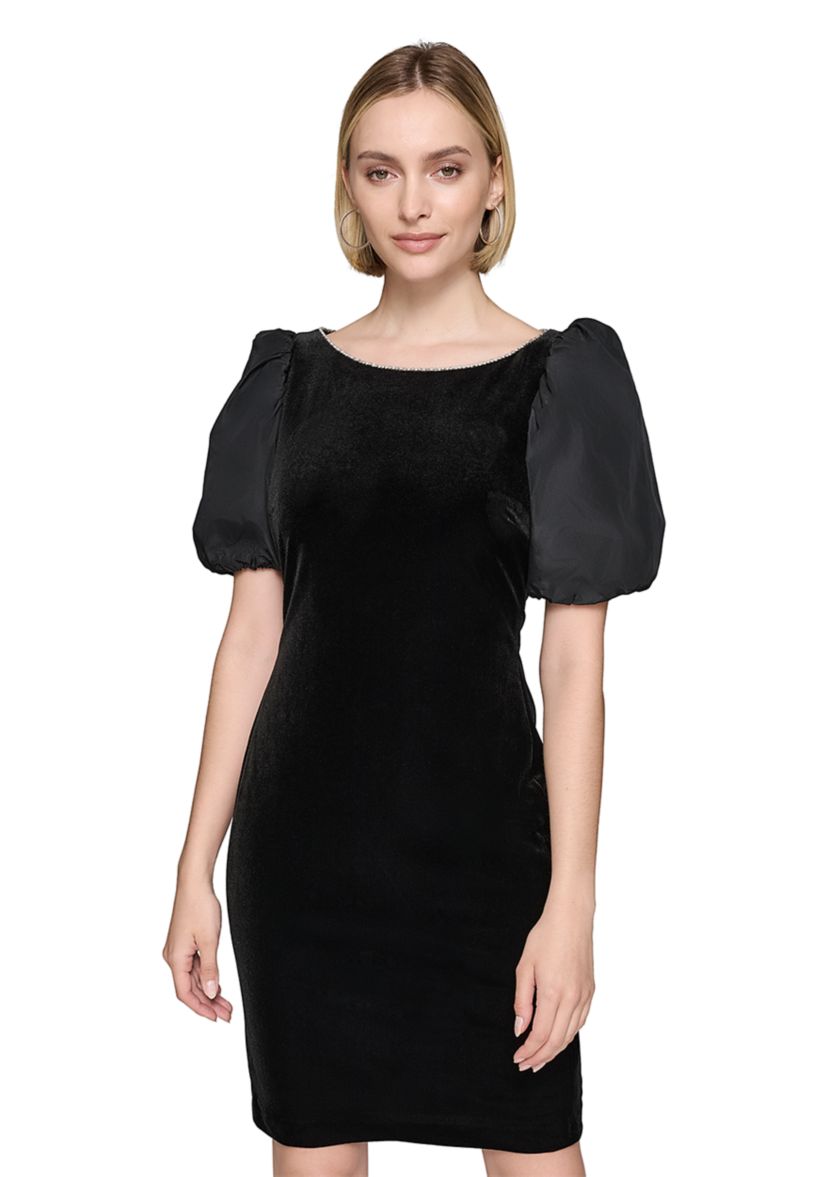 Womens Velvet Sheath Dress with Taffeta Puff Sleeves 