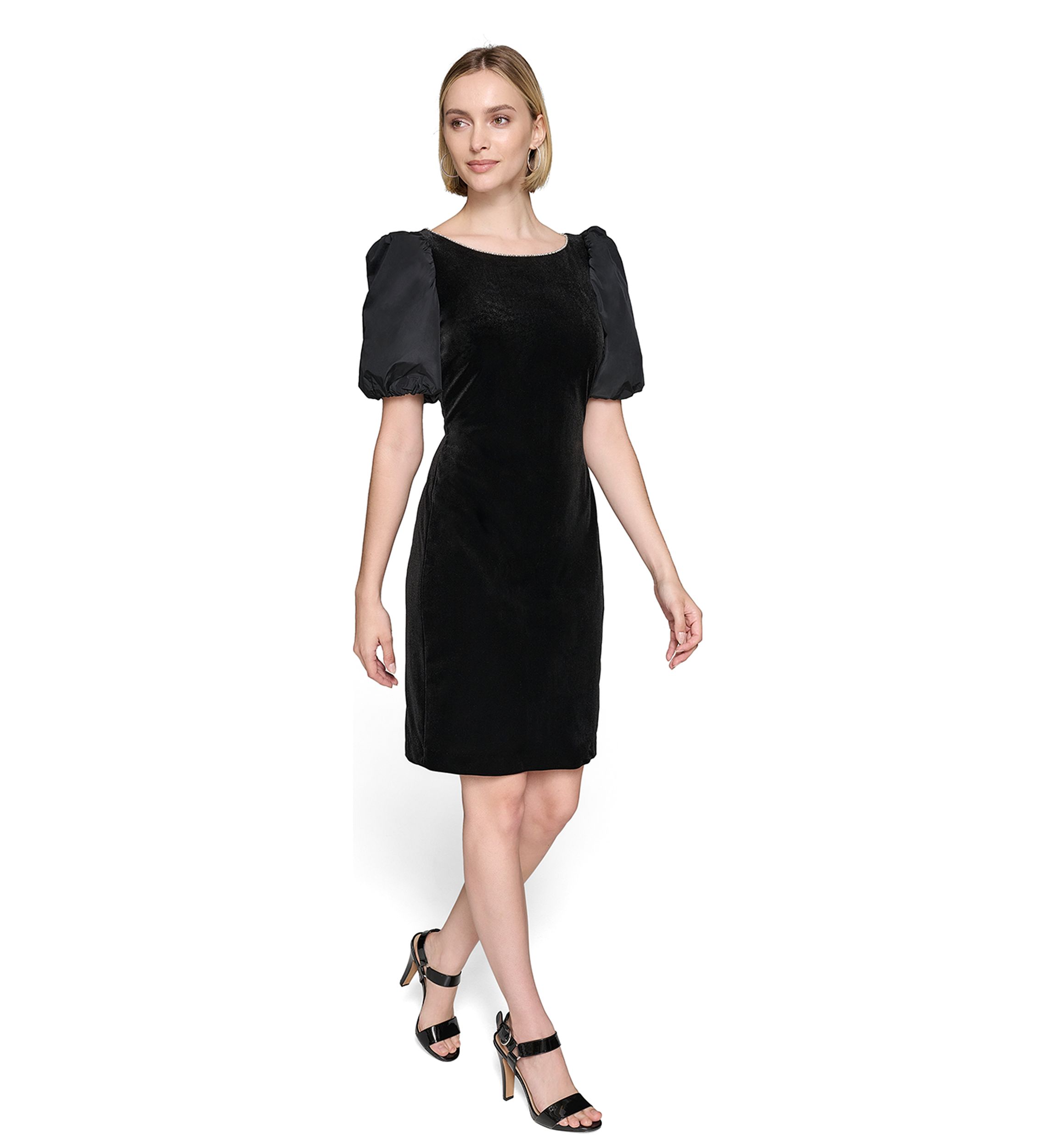 Womens Velvet Sheath Dress with Taffeta Puff Sleeves 
