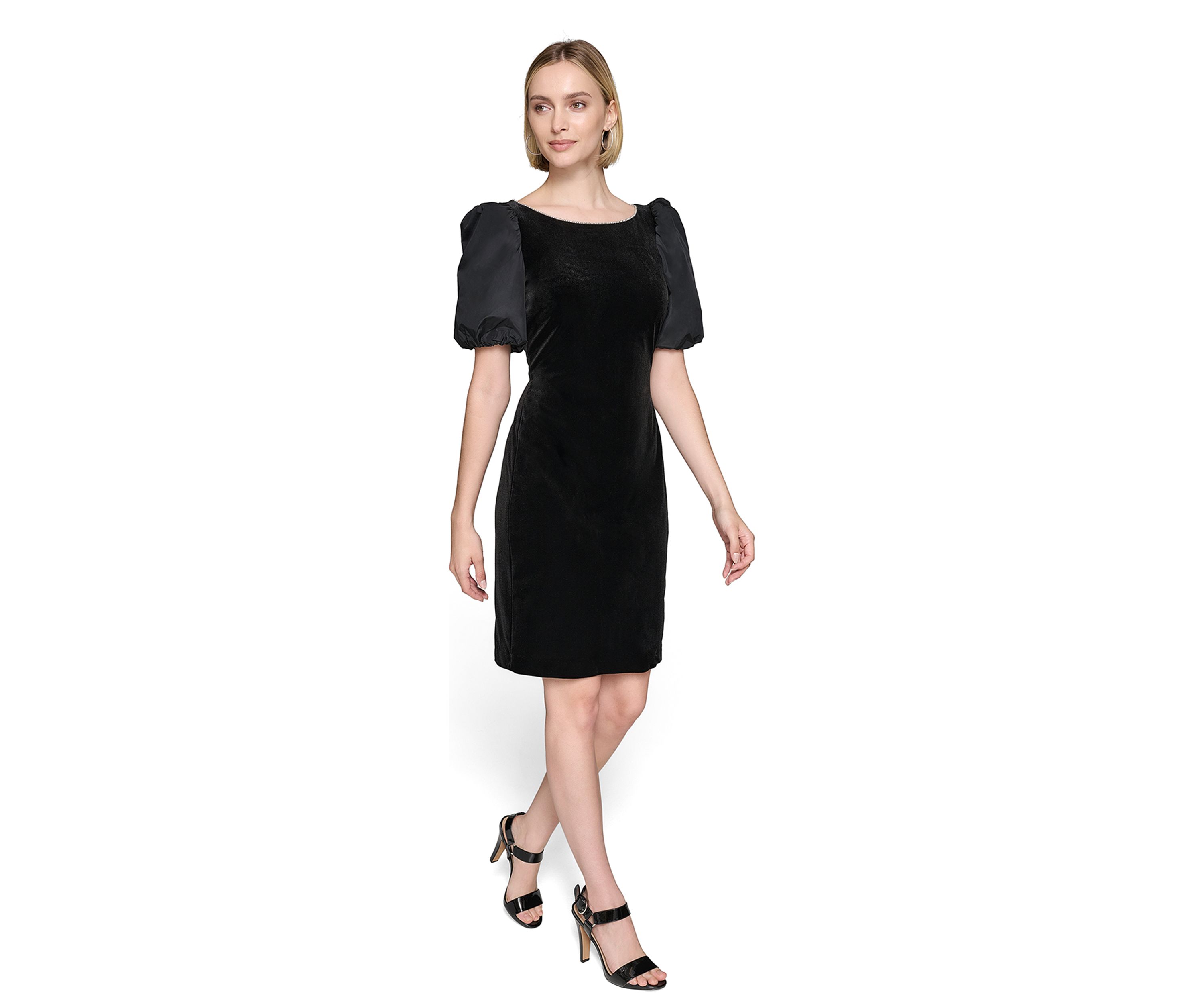 Womens Velvet Sheath Dress with Taffeta Puff Sleeves 