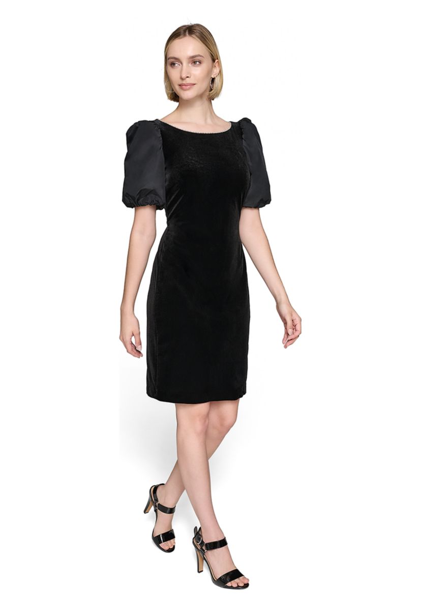 Womens Velvet Sheath Dress with Taffeta Puff Sleeves 