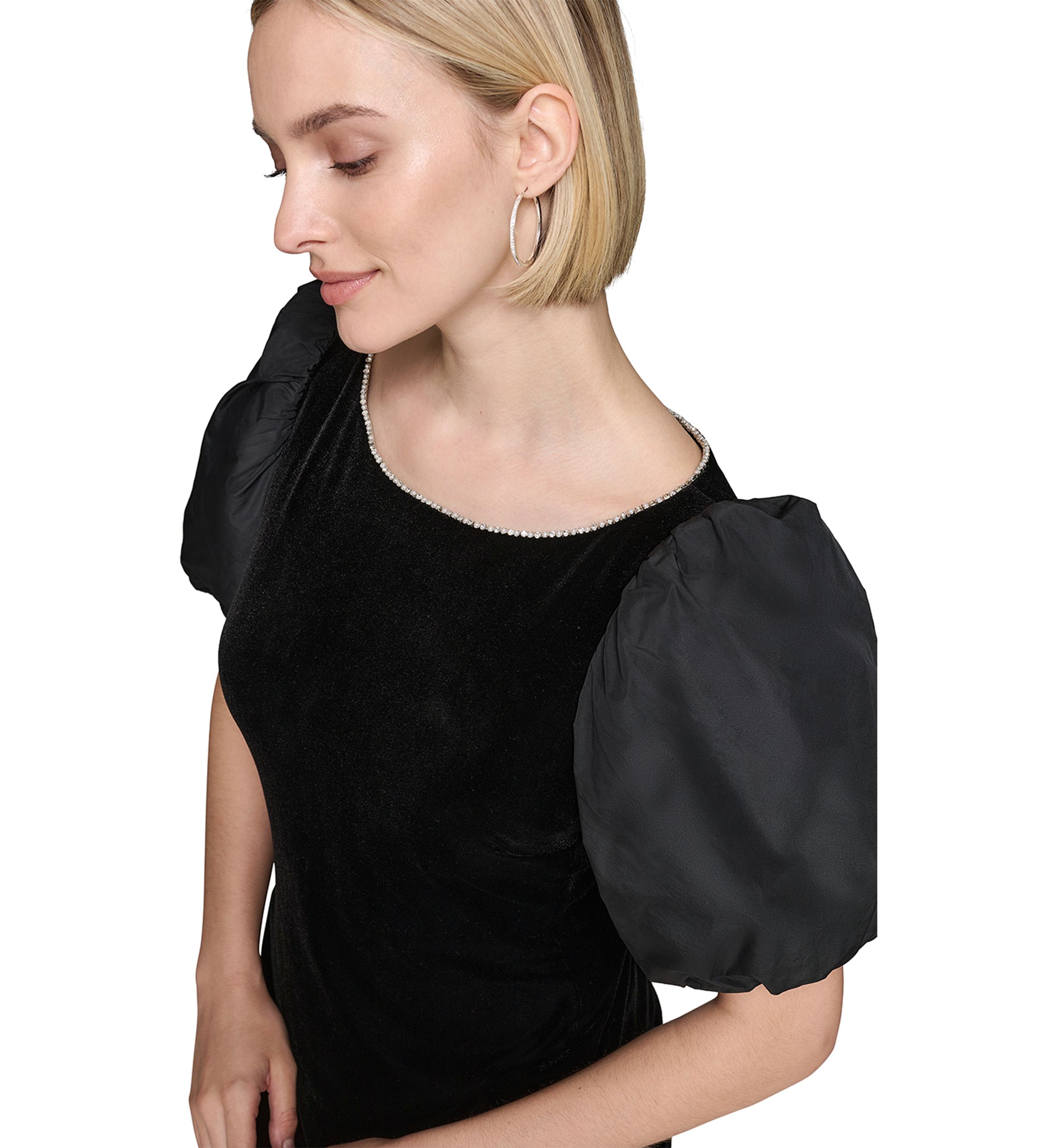 Womens Velvet Sheath Dress with Taffeta Puff Sleeves 