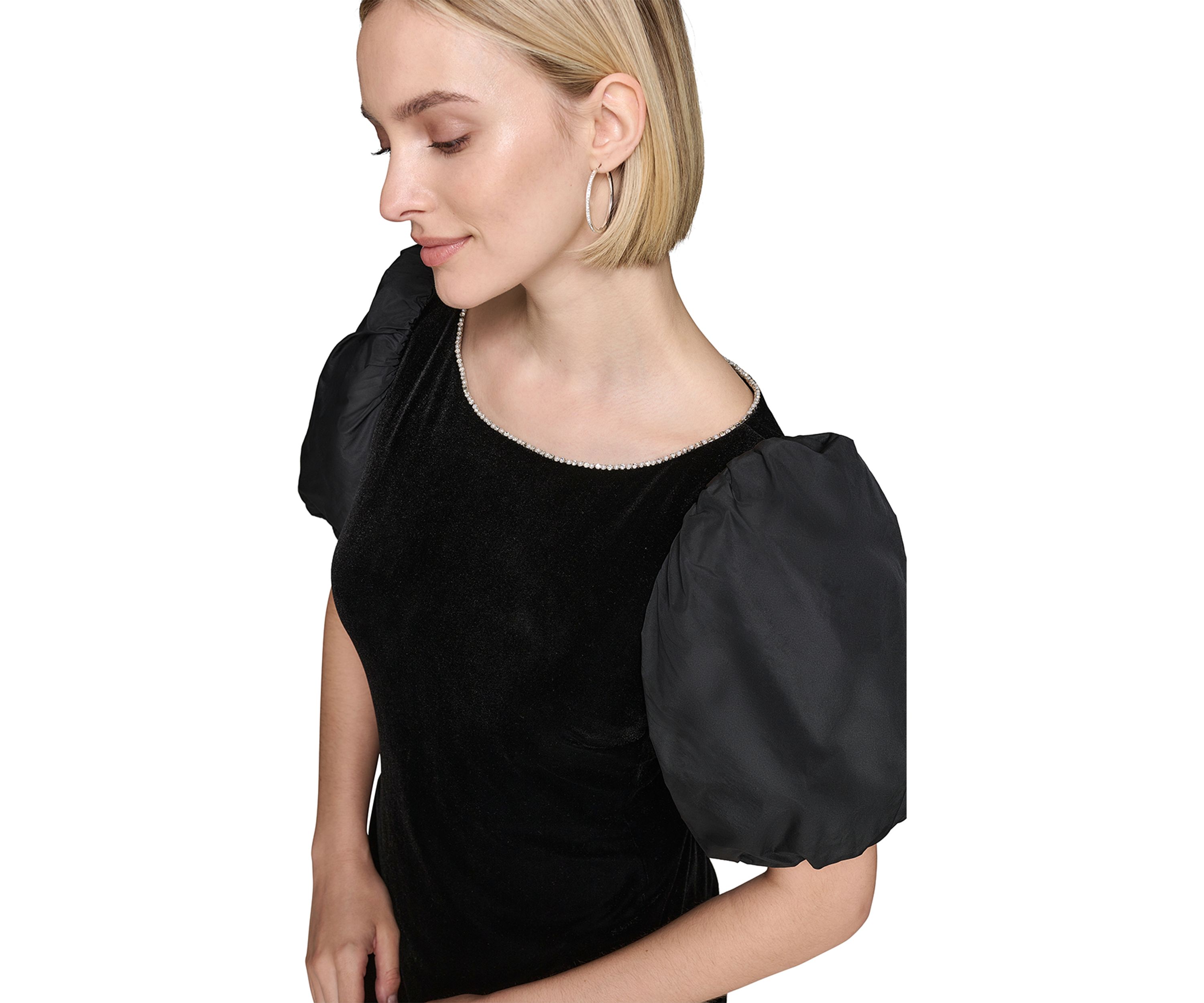 Womens Velvet Sheath Dress with Taffeta Puff Sleeves 