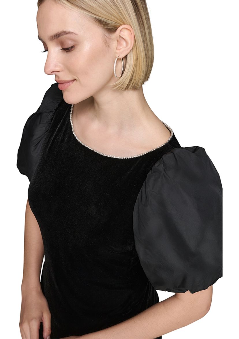 Womens Velvet Sheath Dress with Taffeta Puff Sleeves 