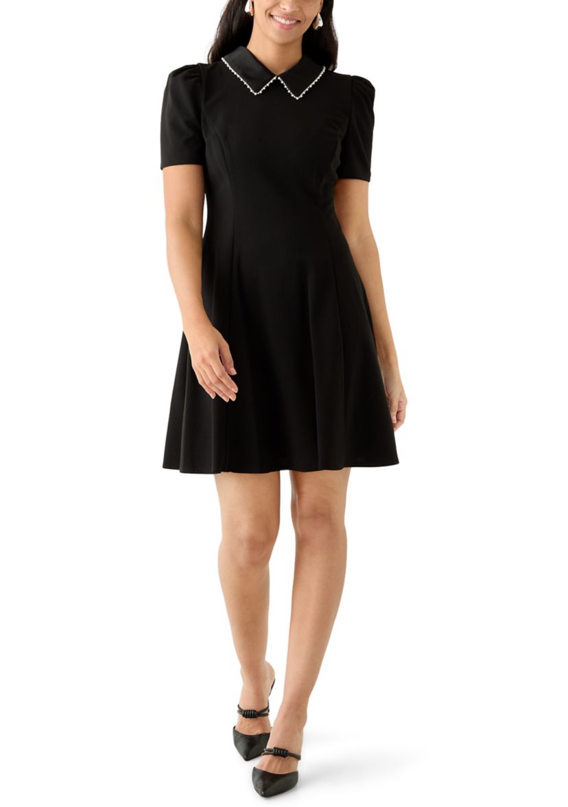 Womens Scuba Crepe A-Line Dress with Embellished Collar