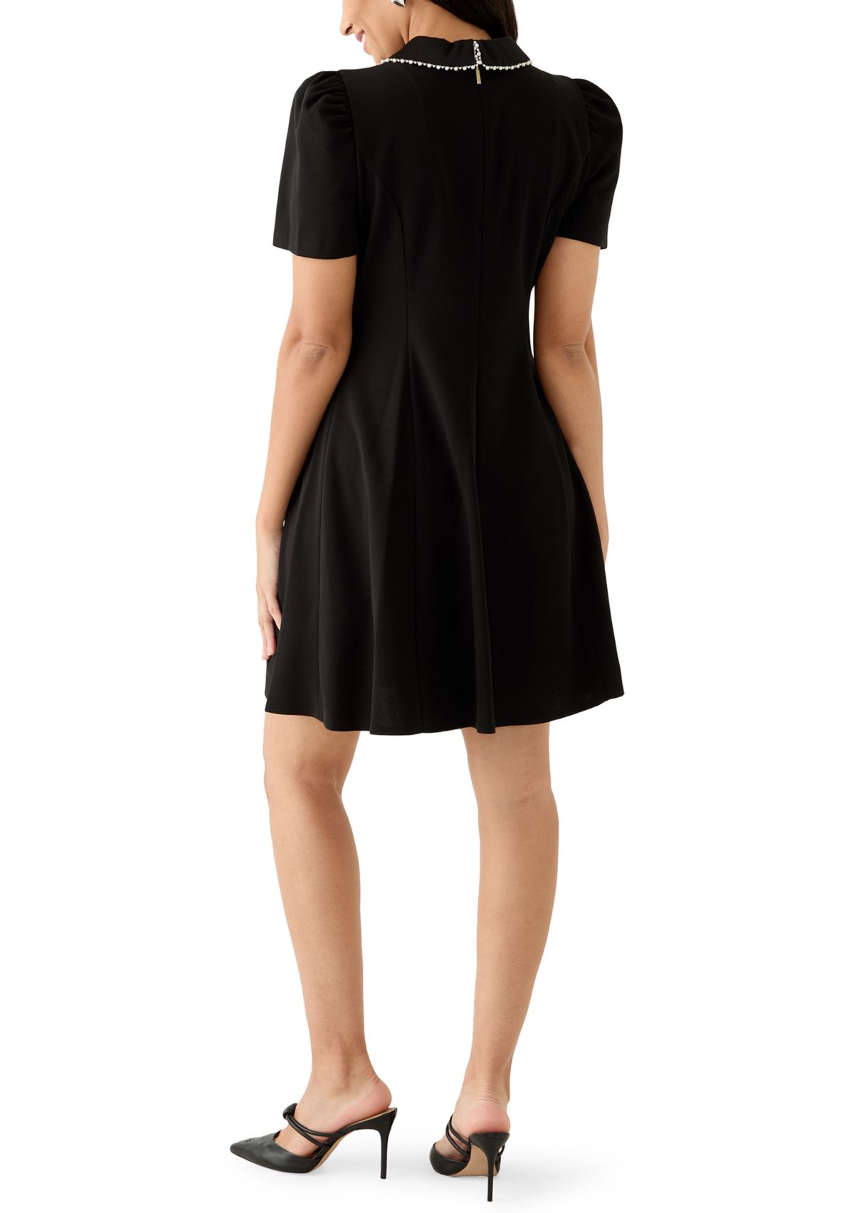 Womens Scuba Crepe A-Line Dress with Embellished Collar