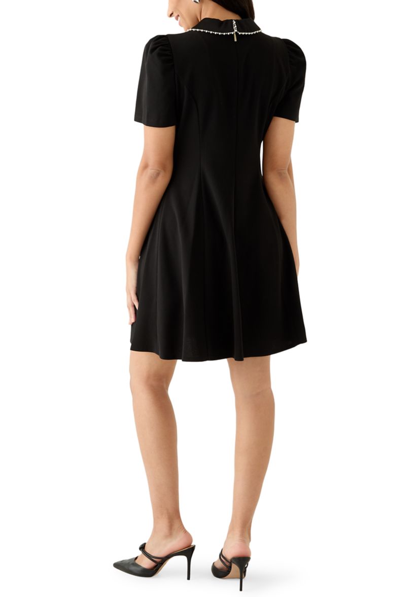 Womens Scuba Crepe A-Line Dress with Embellished Collar