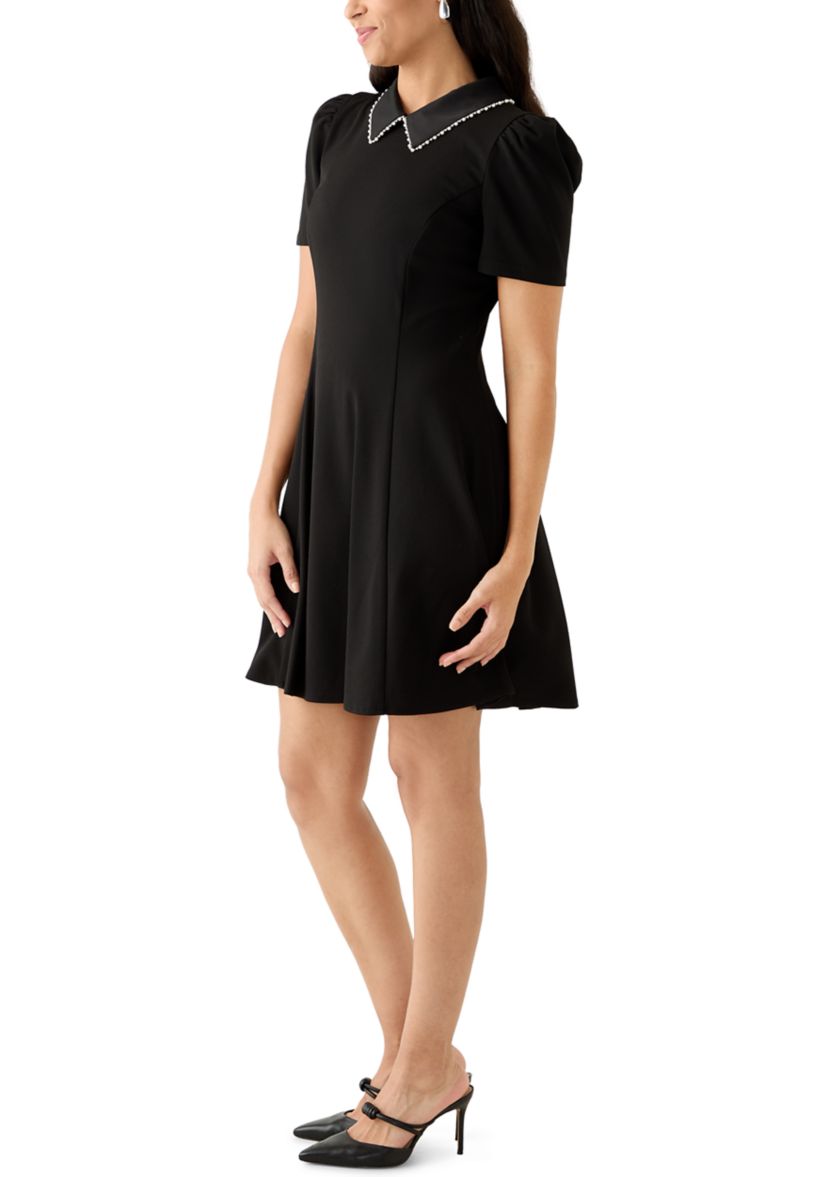 Womens Scuba Crepe A-Line Dress with Embellished Collar