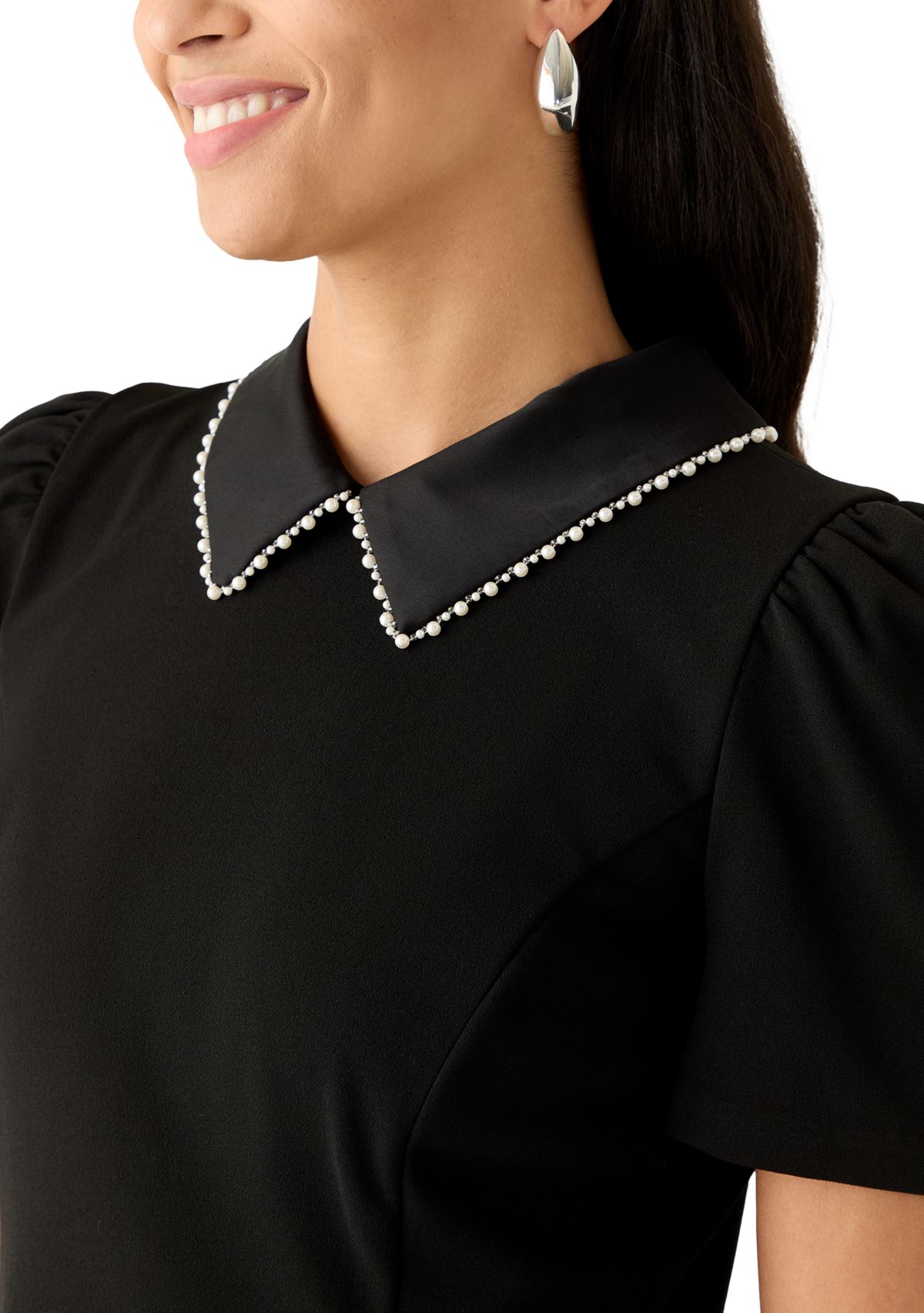 Womens Scuba Crepe A-Line Dress with Embellished Collar