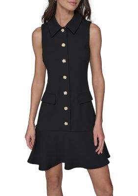 KARL LAGERFELD PARIS Women's Sleeveless Flower Button Front Mini Dress with Collar and Flounce Hem, Black, 12