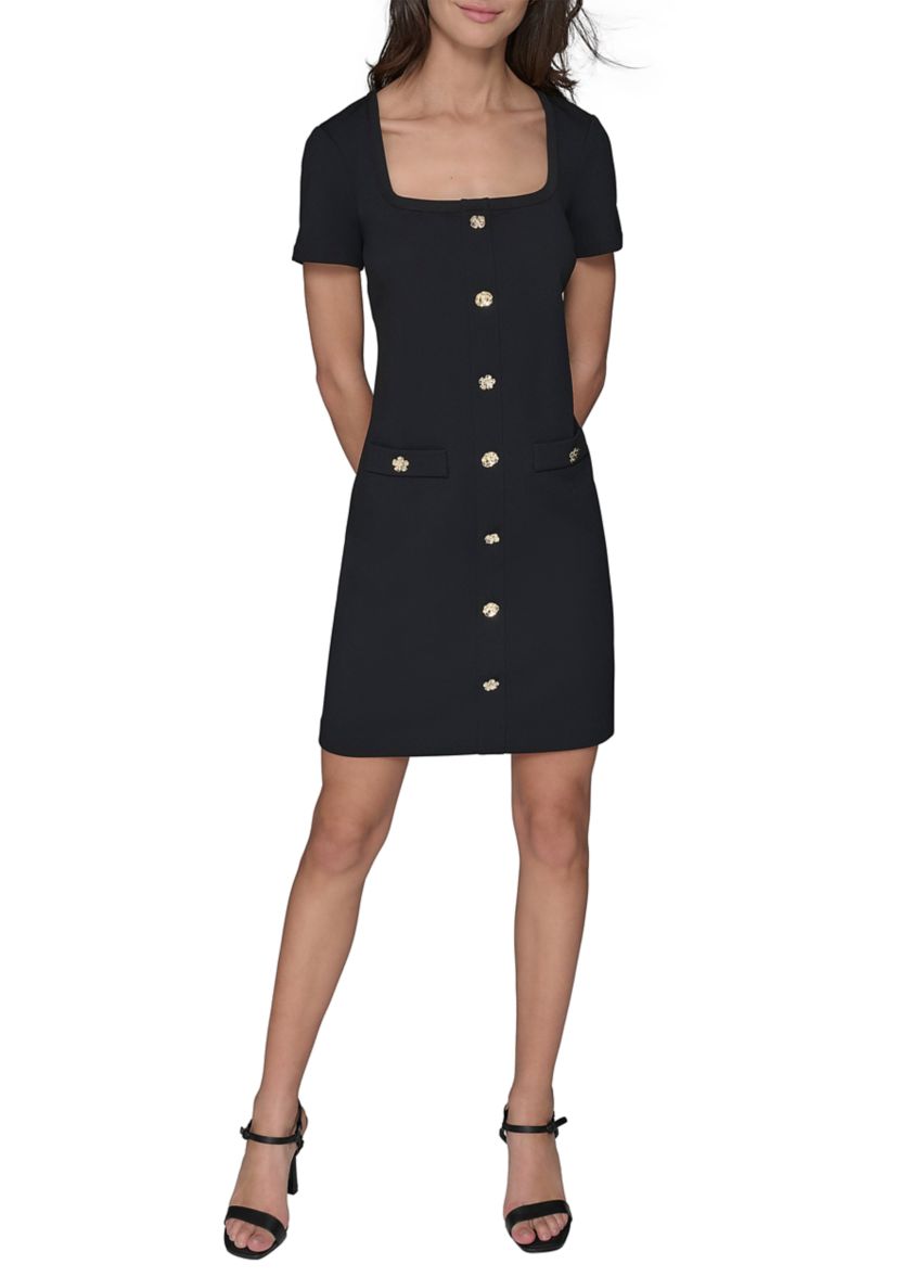 Womens Short Sleeve Scuba Crepe A-Line Dress with Floral Buttons 