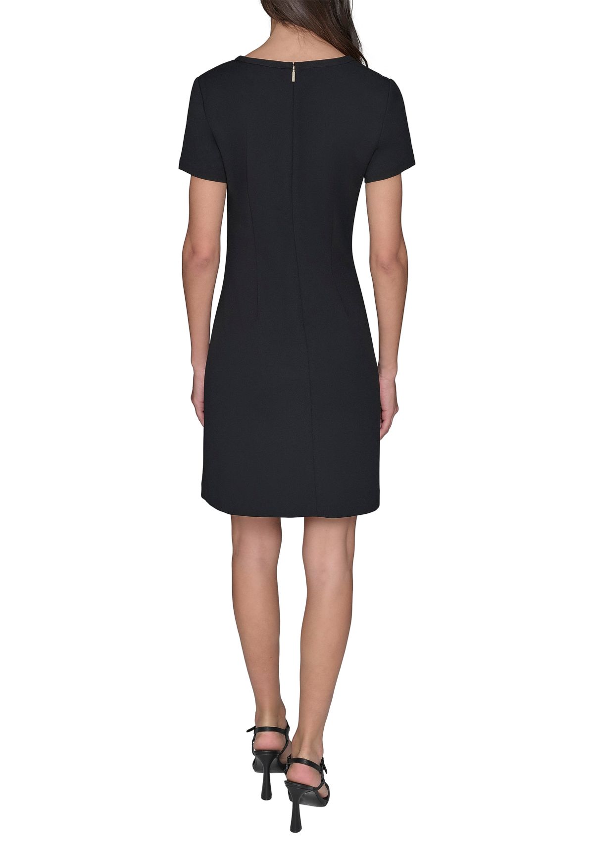 Womens Short Sleeve Scuba Crepe A-Line Dress with Floral Buttons 