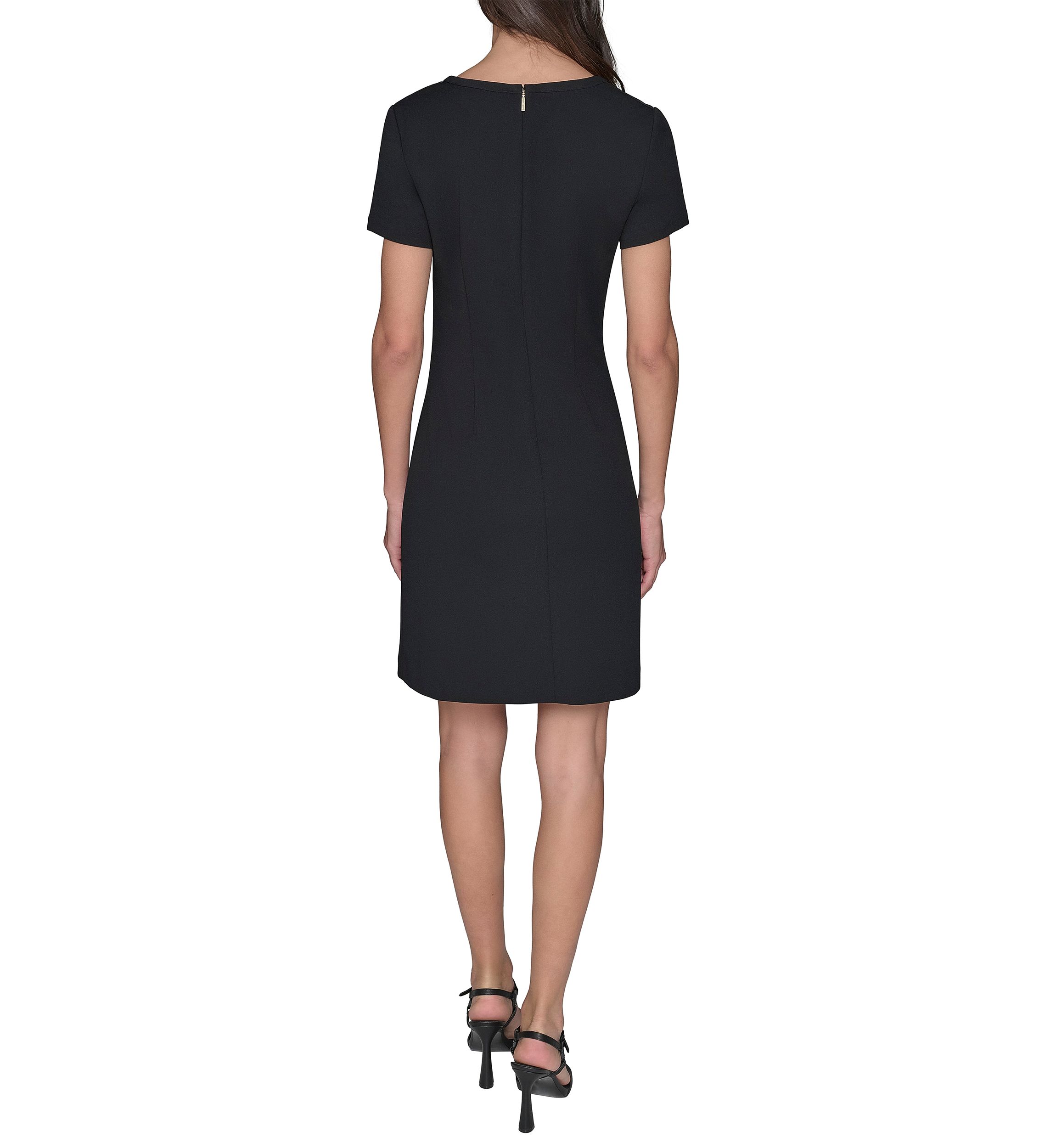 Womens Short Sleeve Scuba Crepe A-Line Dress with Floral Buttons 