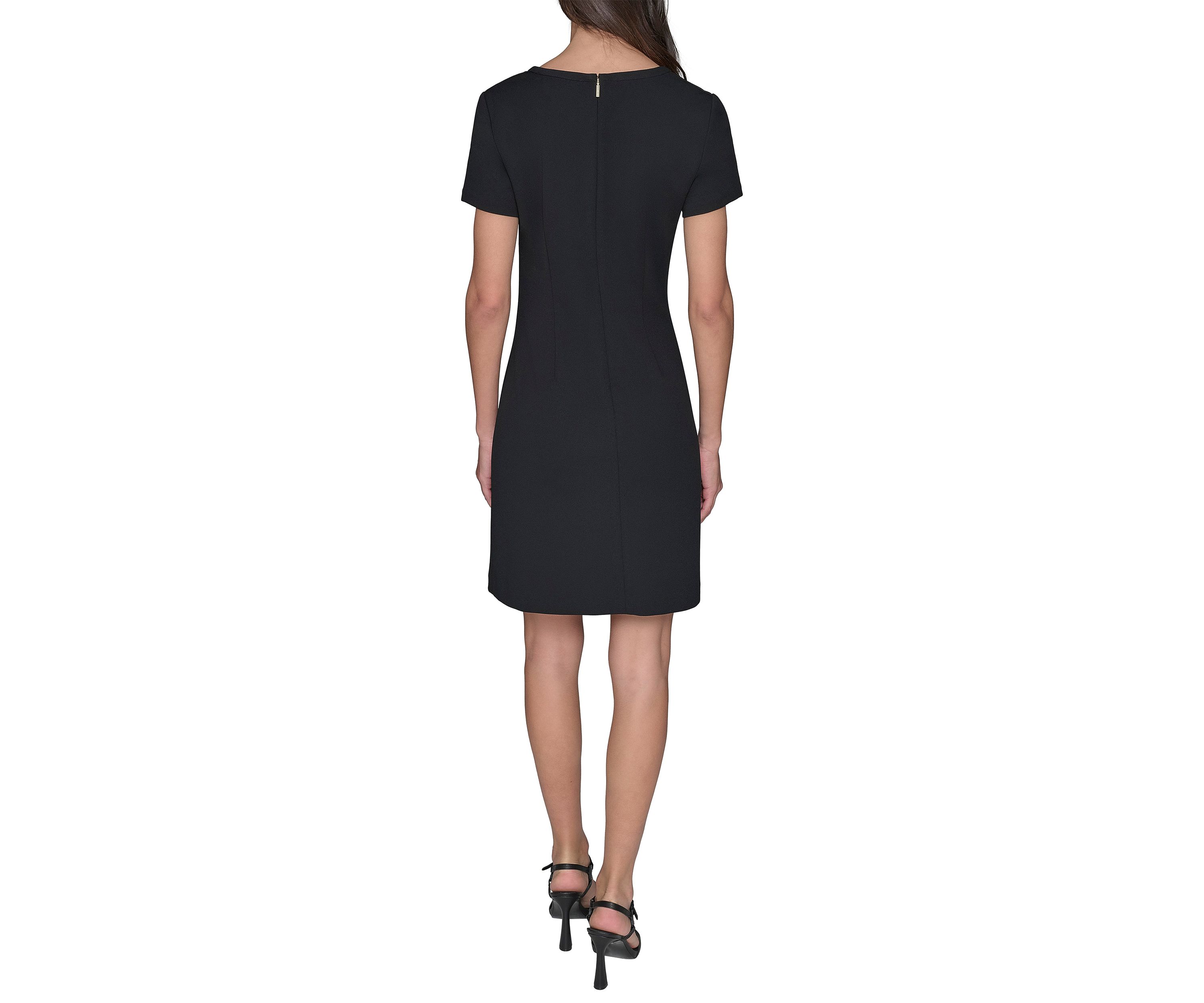 Womens Short Sleeve Scuba Crepe A-Line Dress with Floral Buttons 