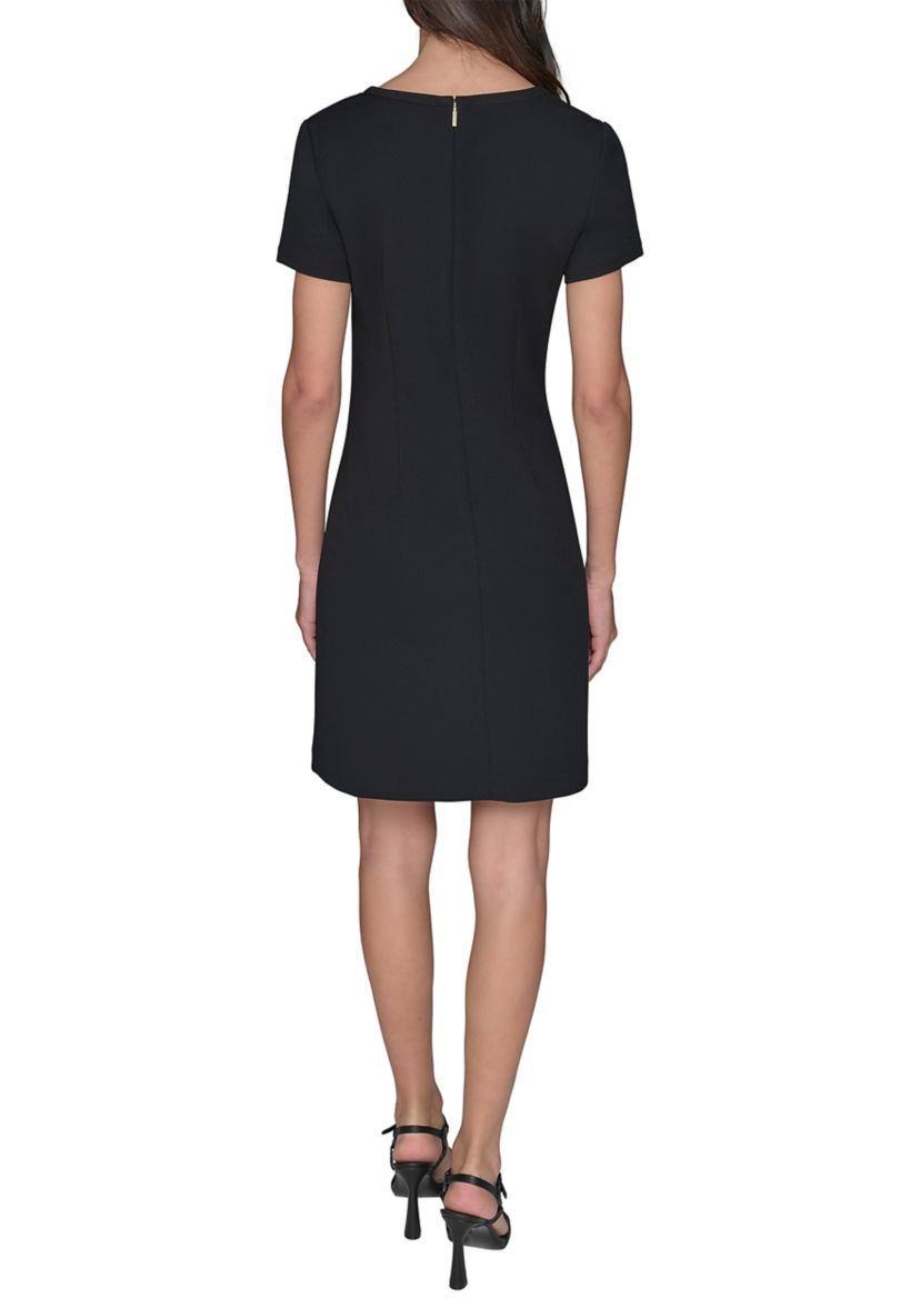 Womens Short Sleeve Scuba Crepe A-Line Dress with Floral Buttons 
