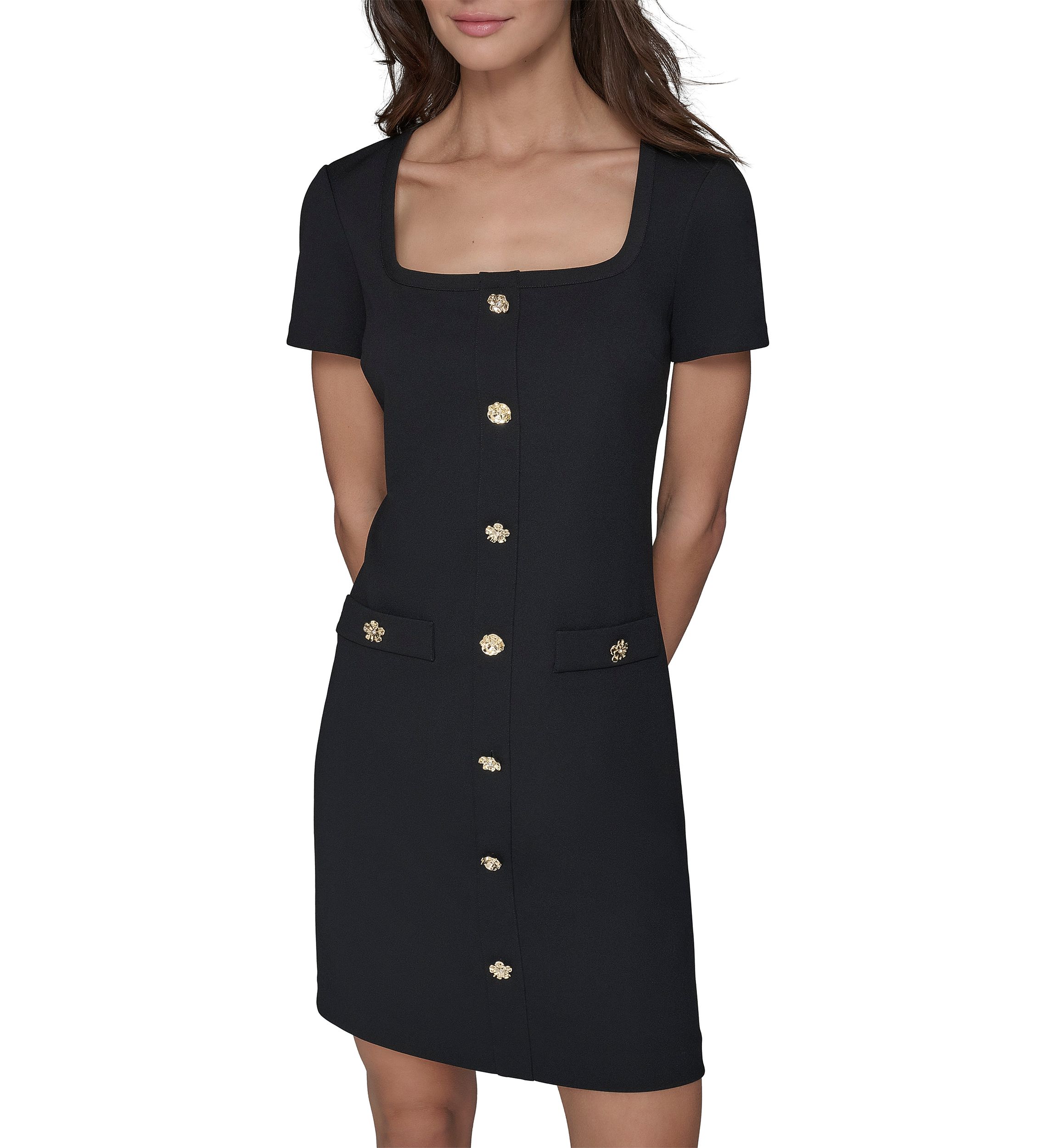 Womens Short Sleeve Scuba Crepe A-Line Dress with Floral Buttons 