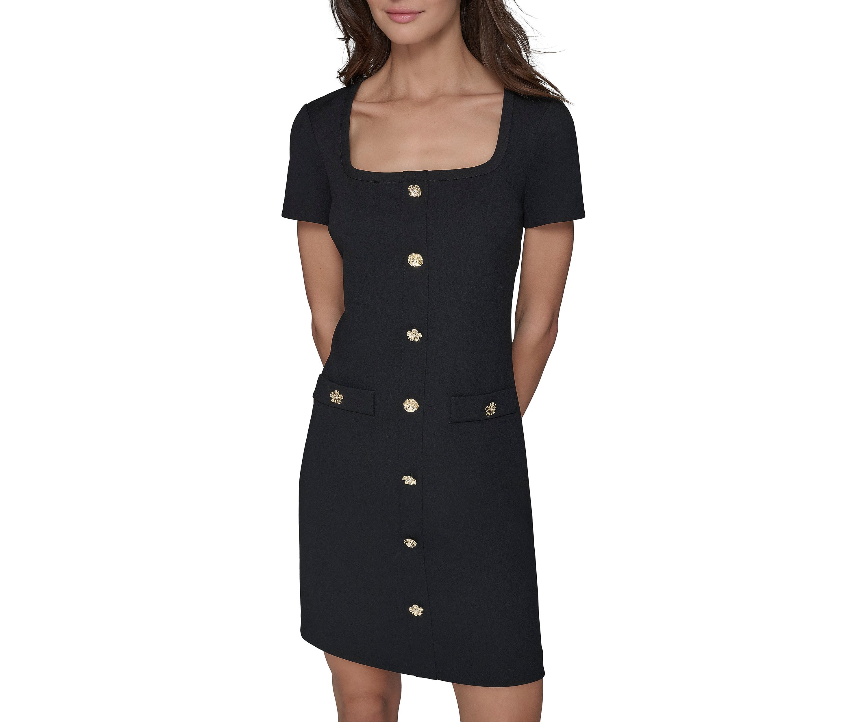 Womens Short Sleeve Scuba Crepe A-Line Dress with Floral Buttons 