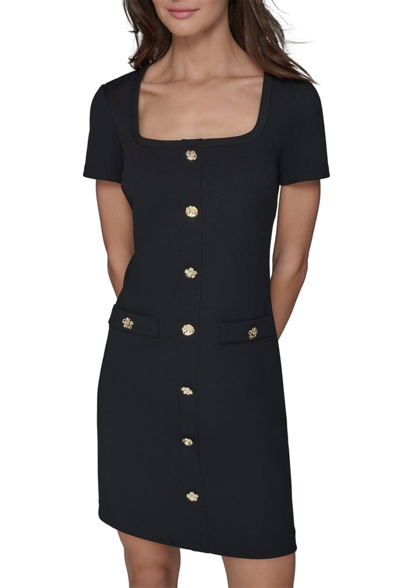 Womens Short Sleeve Scuba Crepe A-Line Dress with Floral Buttons 