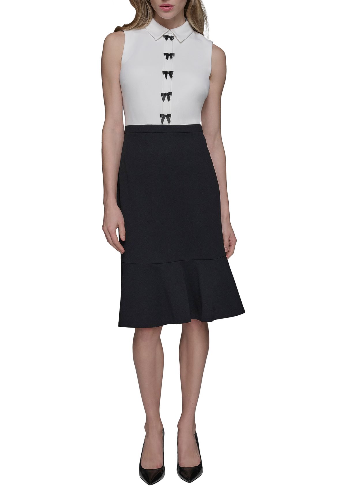 Womens Scuba Crepe Colorblock Sheath Dress with Bows and Flounce Hem