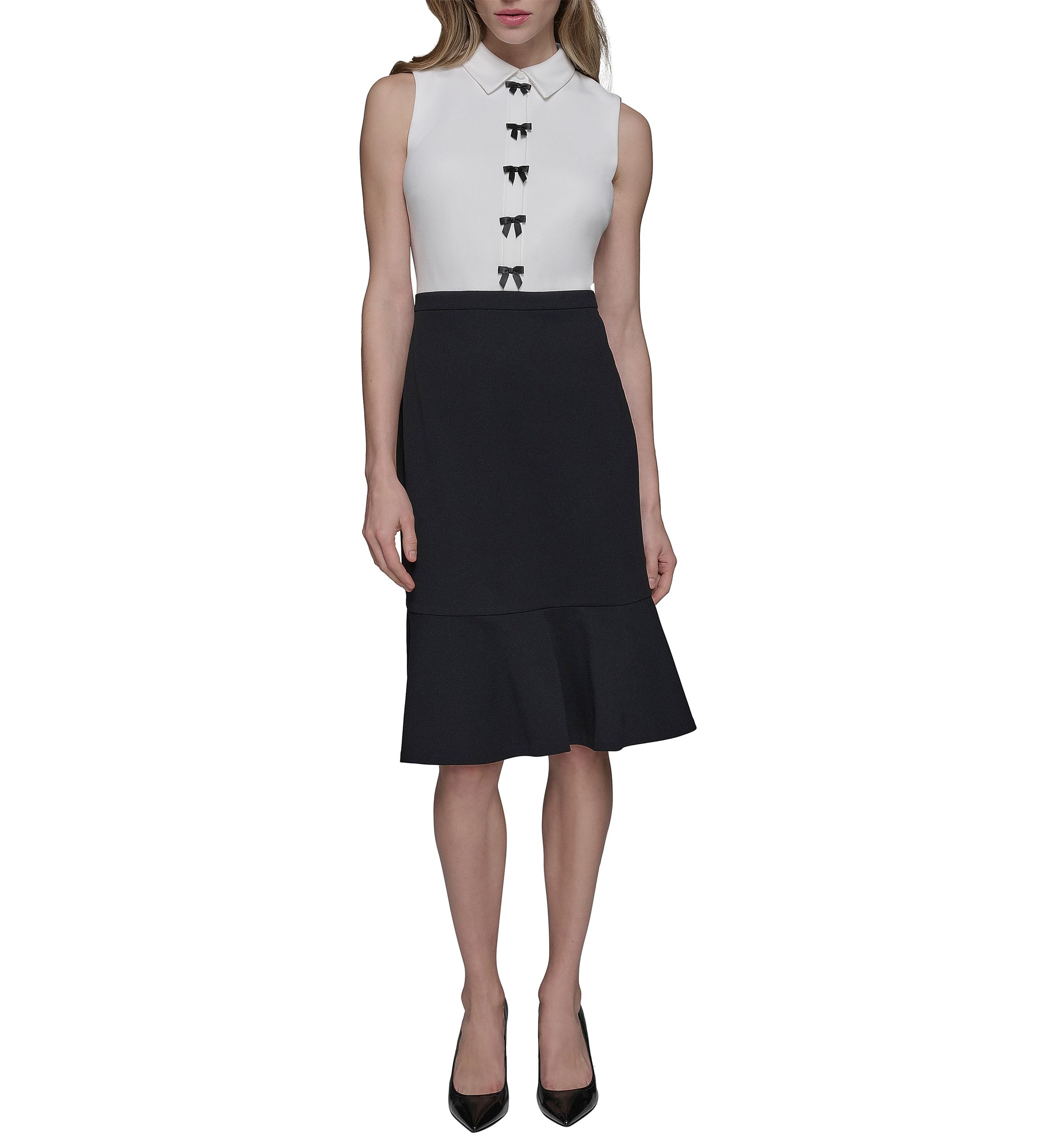 Womens Scuba Crepe Colorblock Sheath Dress with Bows and Flounce Hem