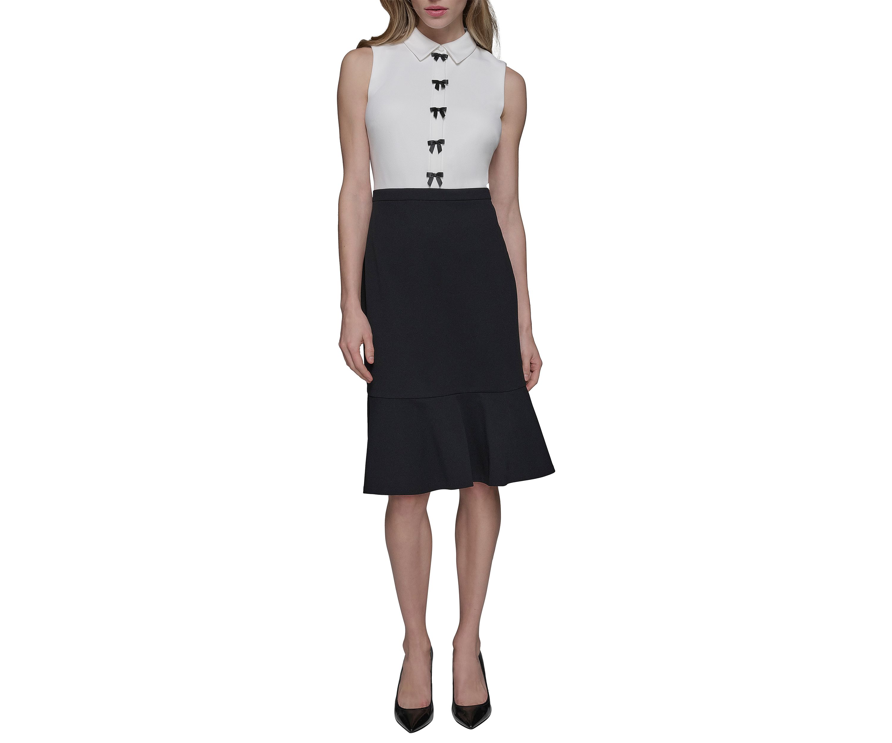 Womens Scuba Crepe Colorblock Sheath Dress with Bows and Flounce Hem