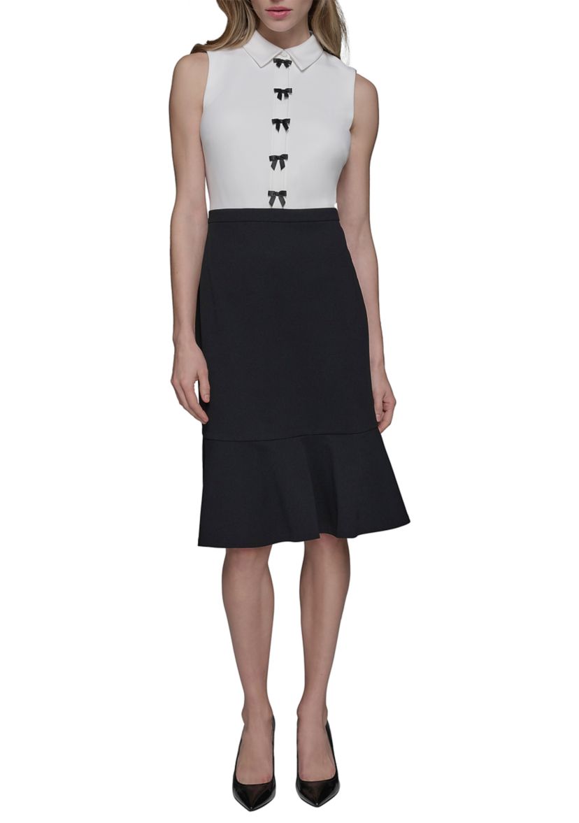 Womens Scuba Crepe Colorblock Sheath Dress with Bows and Flounce Hem