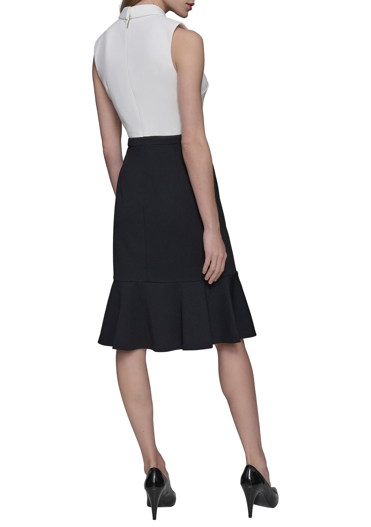 Womens Scuba Crepe Colorblock Sheath Dress with Bows and Flounce Hem