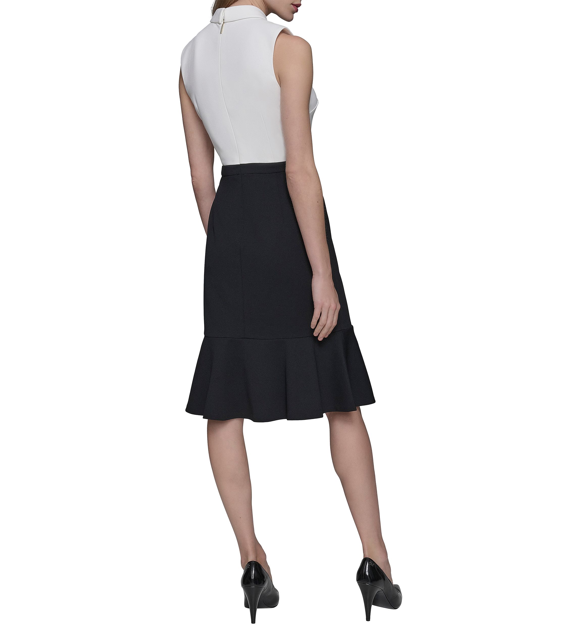 Womens Scuba Crepe Colorblock Sheath Dress with Bows and Flounce Hem