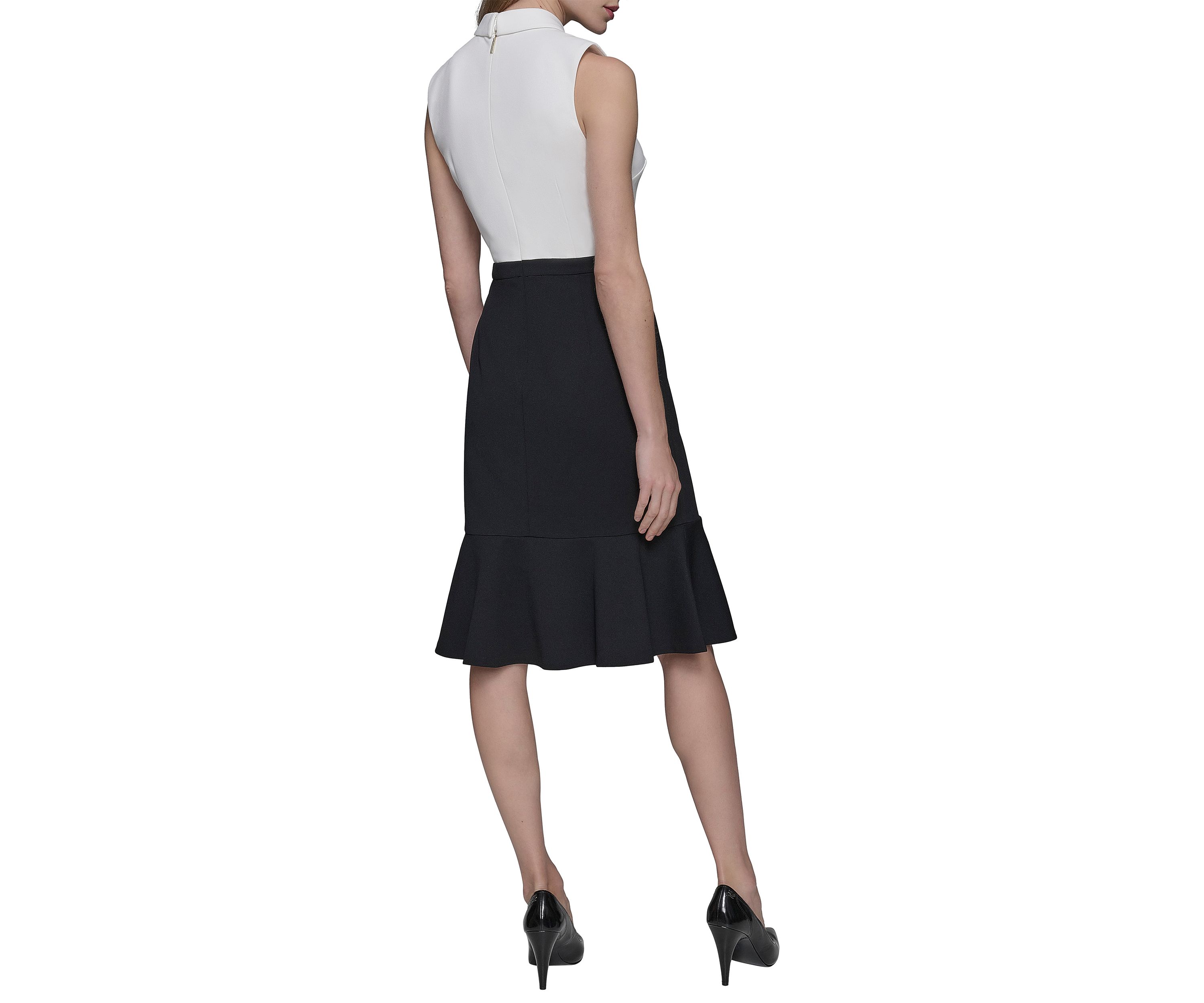 Womens Scuba Crepe Colorblock Sheath Dress with Bows and Flounce Hem