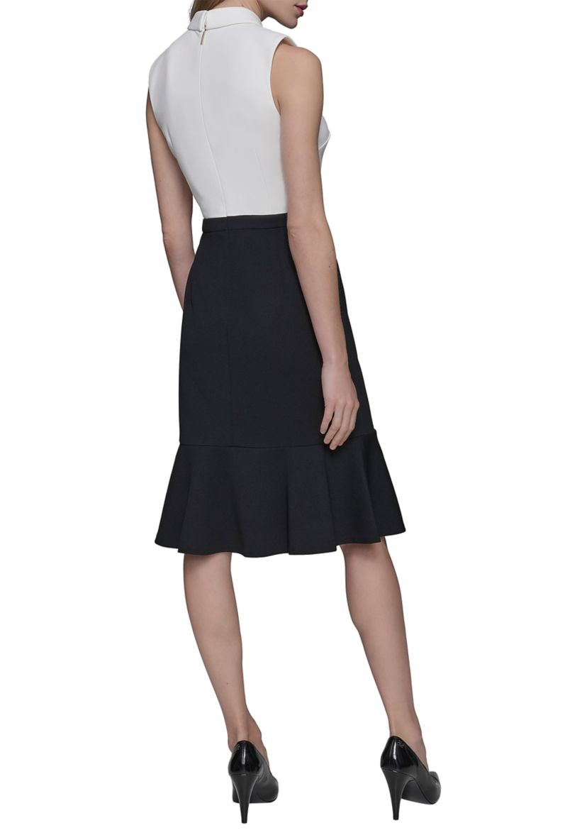 Womens Scuba Crepe Colorblock Sheath Dress with Bows and Flounce Hem