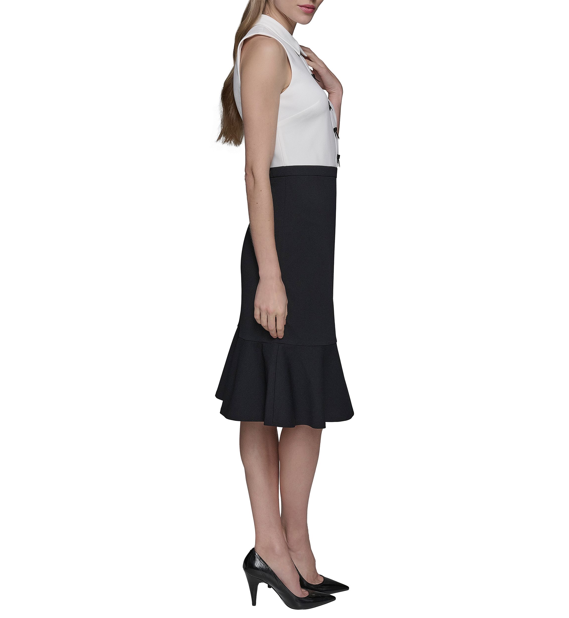 Womens Scuba Crepe Colorblock Sheath Dress with Bows and Flounce Hem