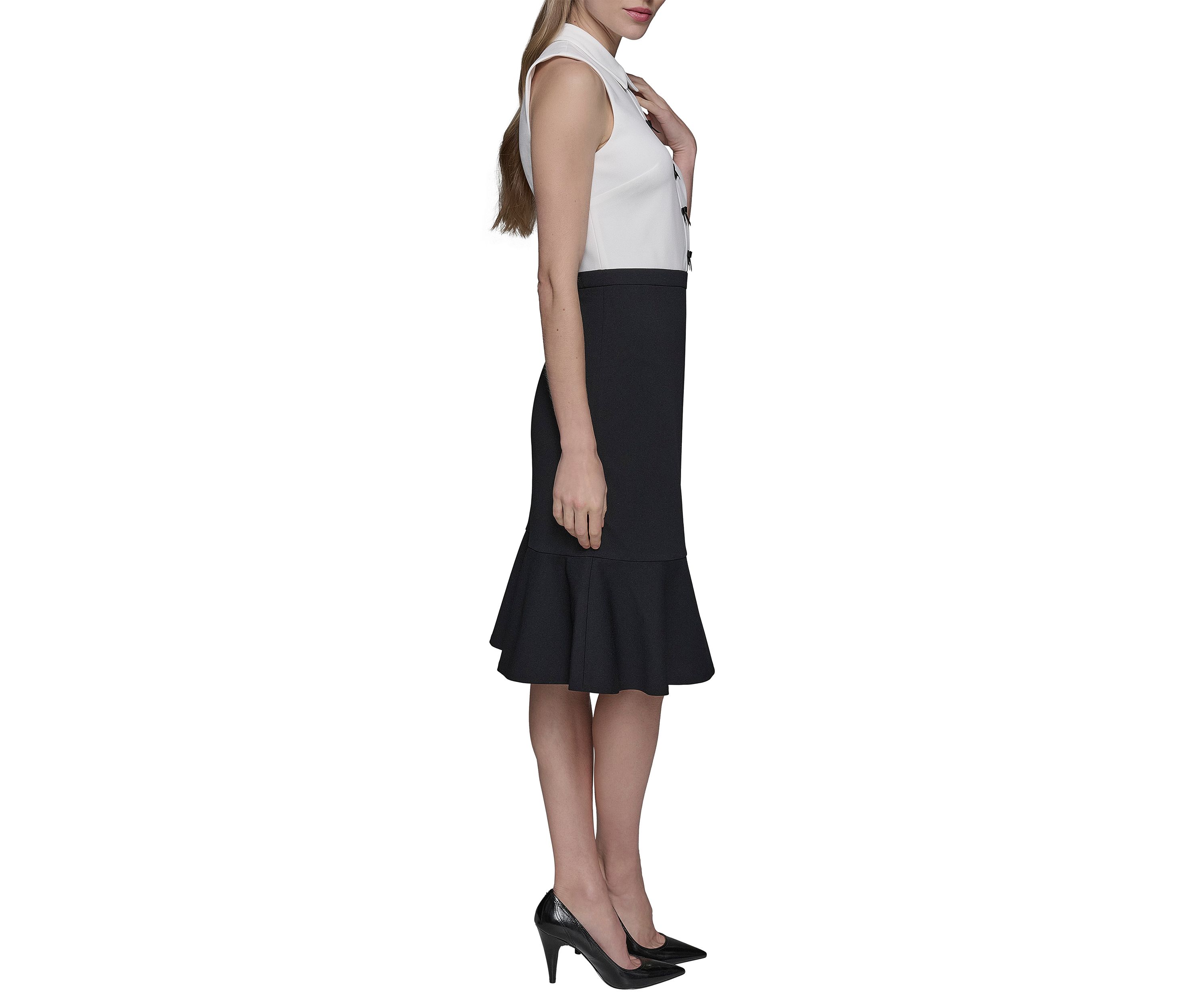 Womens Scuba Crepe Colorblock Sheath Dress with Bows and Flounce Hem