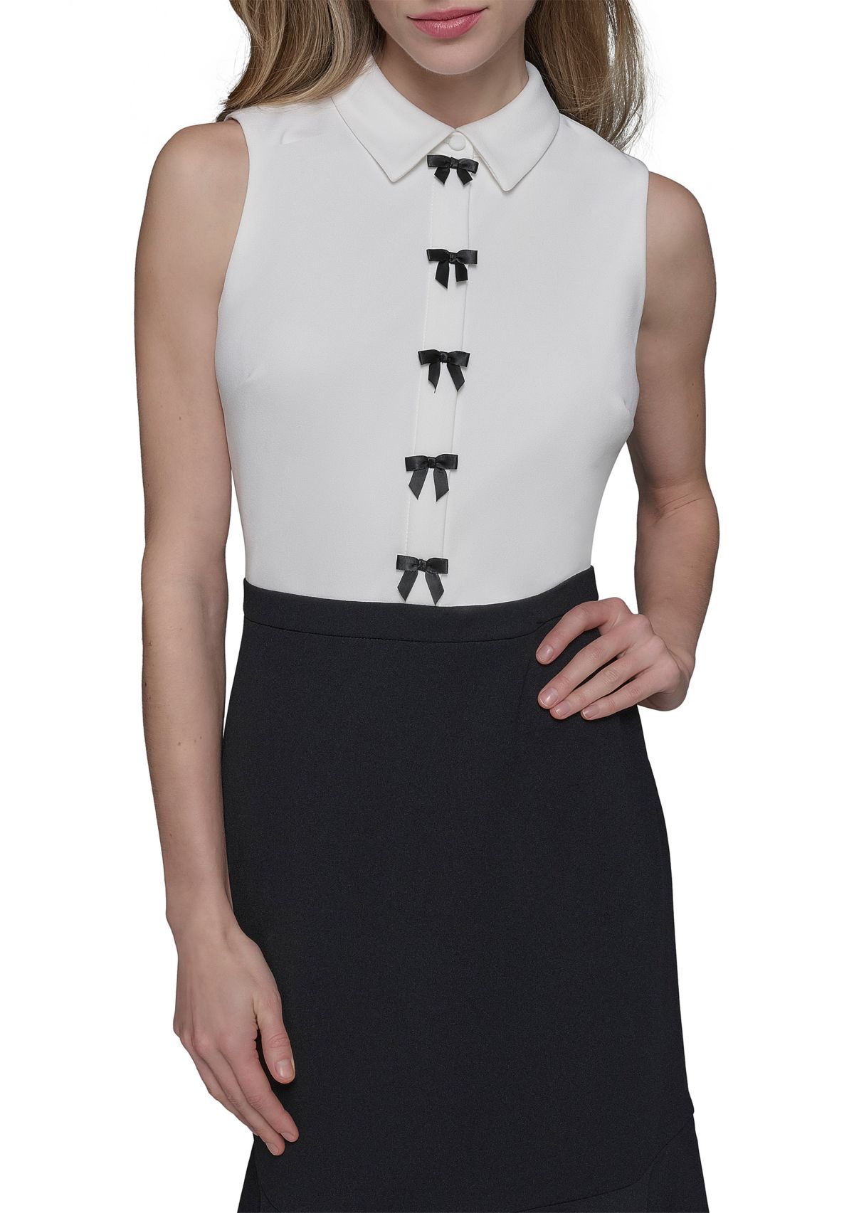 Womens Scuba Crepe Colorblock Sheath Dress with Bows and Flounce Hem