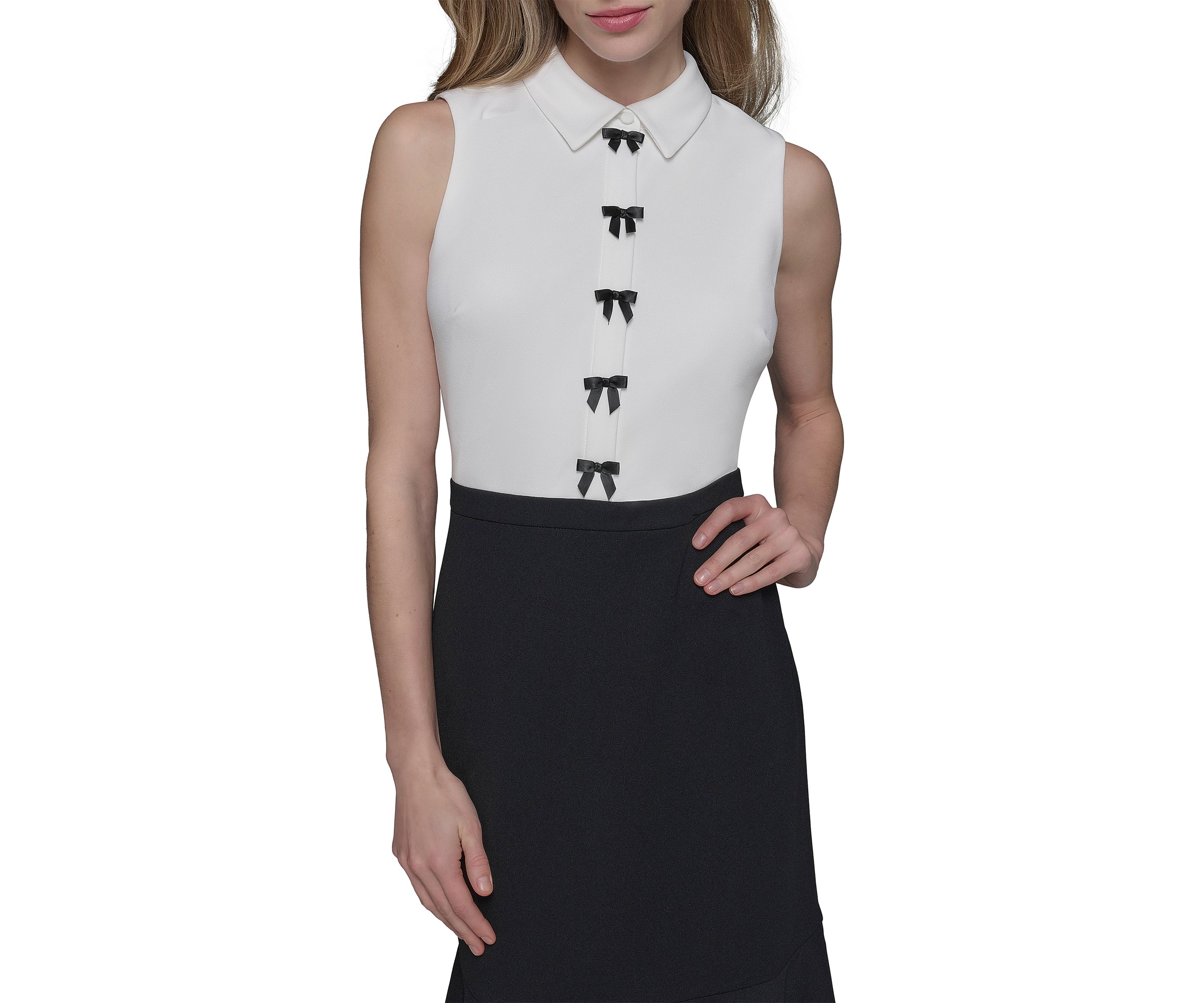 Womens Scuba Crepe Colorblock Sheath Dress with Bows and Flounce Hem