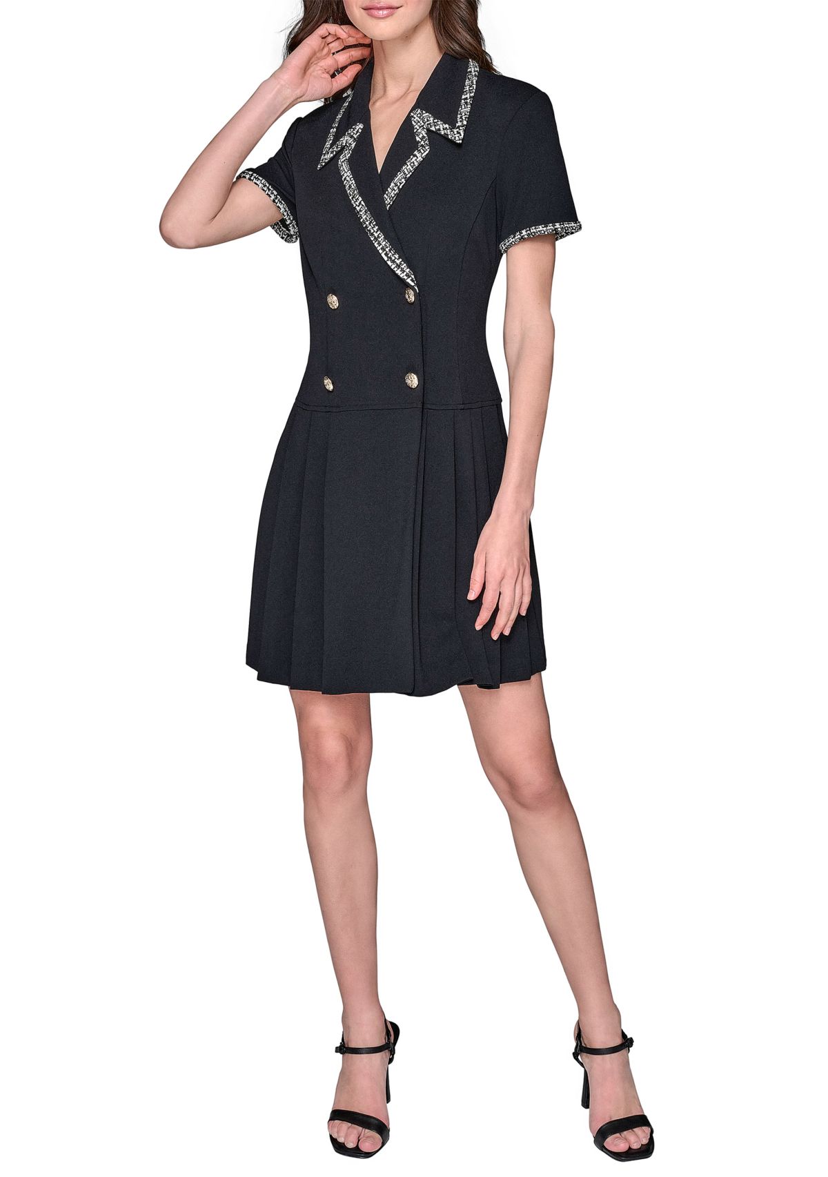 Womens Scuba Crepe Notch Collar Dress with Pleated Skirt