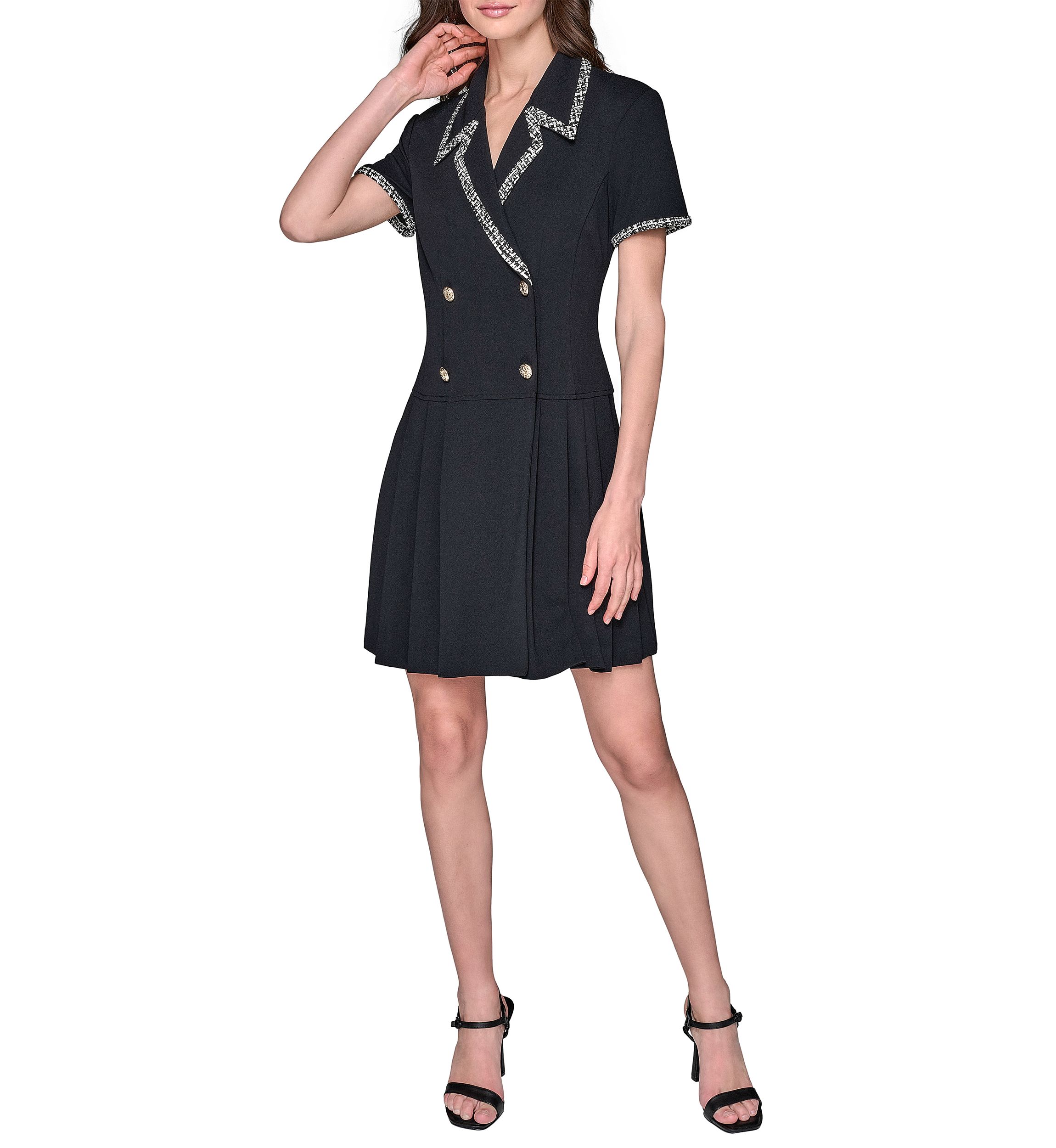 Womens Scuba Crepe Notch Collar Dress with Pleated Skirt