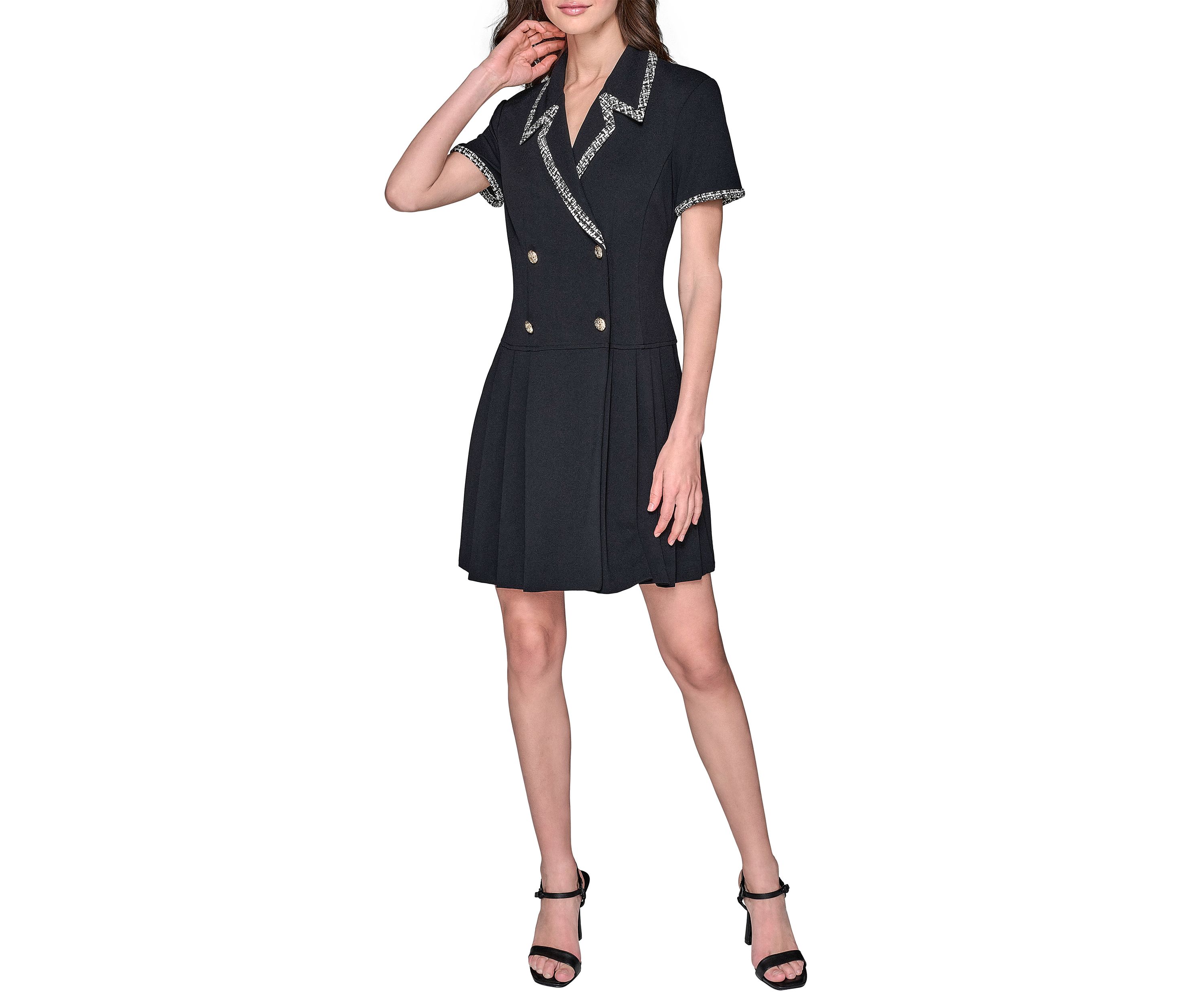 Womens Scuba Crepe Notch Collar Dress with Pleated Skirt