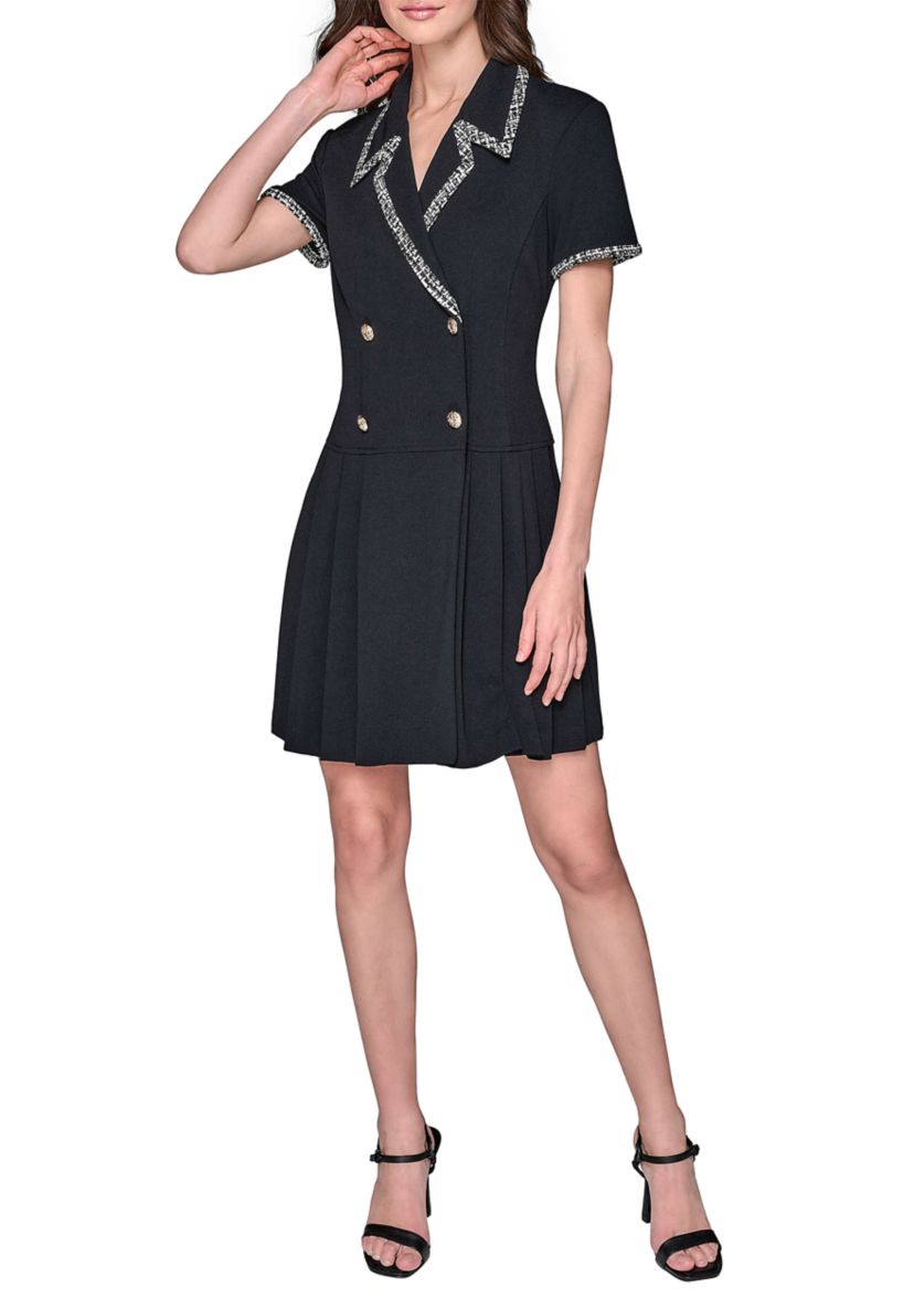 Womens Scuba Crepe Notch Collar Dress with Pleated Skirt