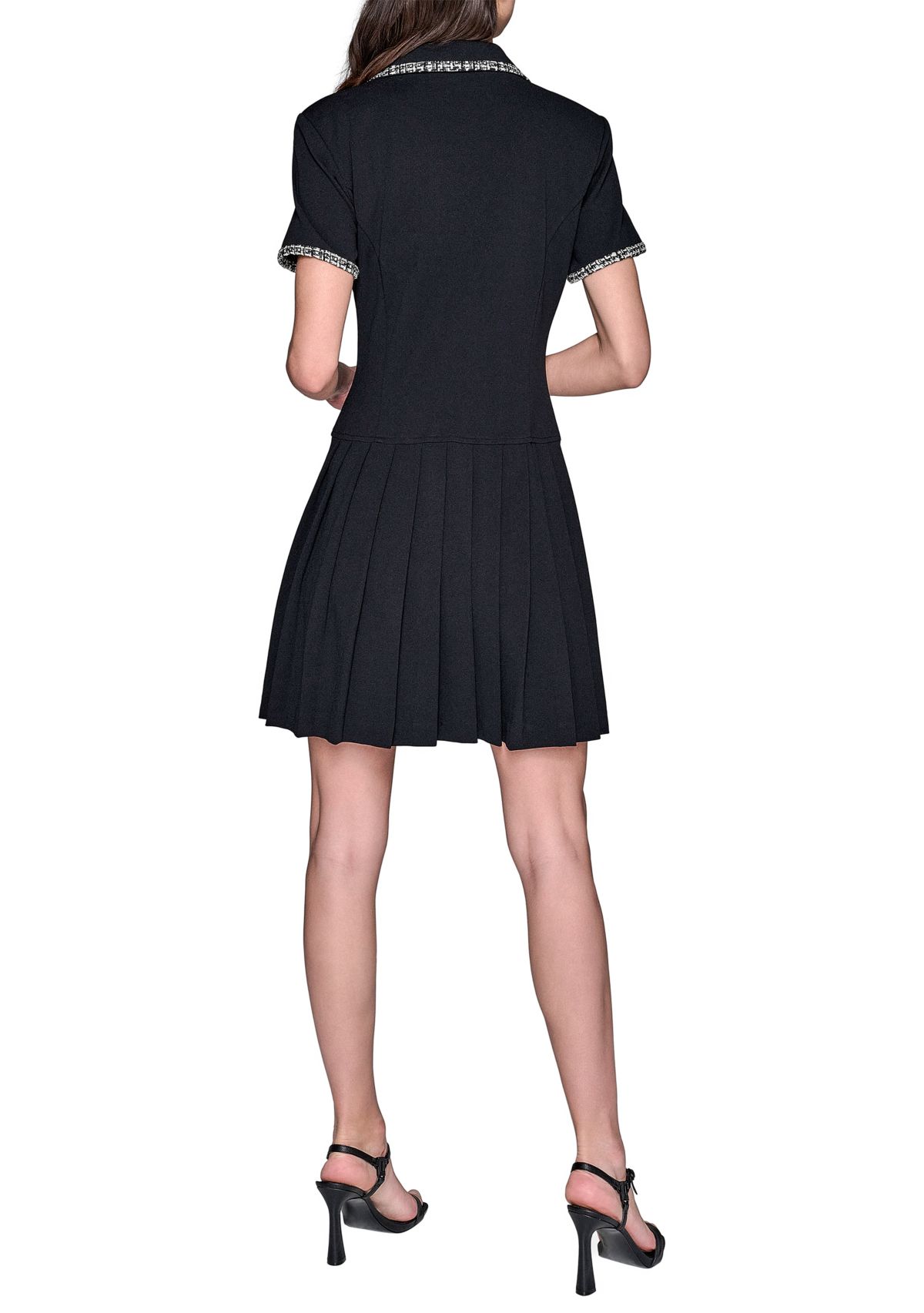 Womens Scuba Crepe Notch Collar Dress with Pleated Skirt