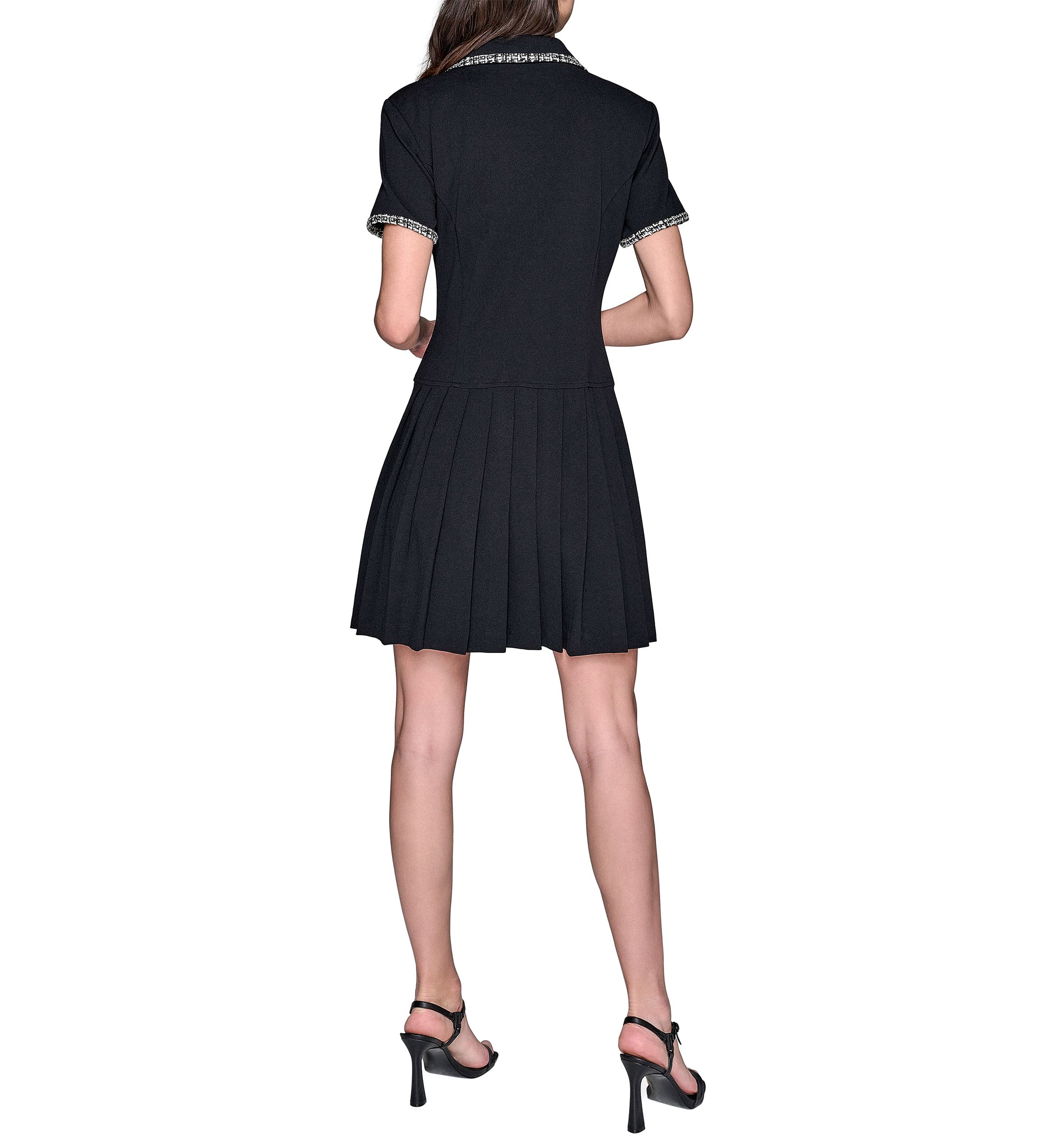 Womens Scuba Crepe Notch Collar Dress with Pleated Skirt