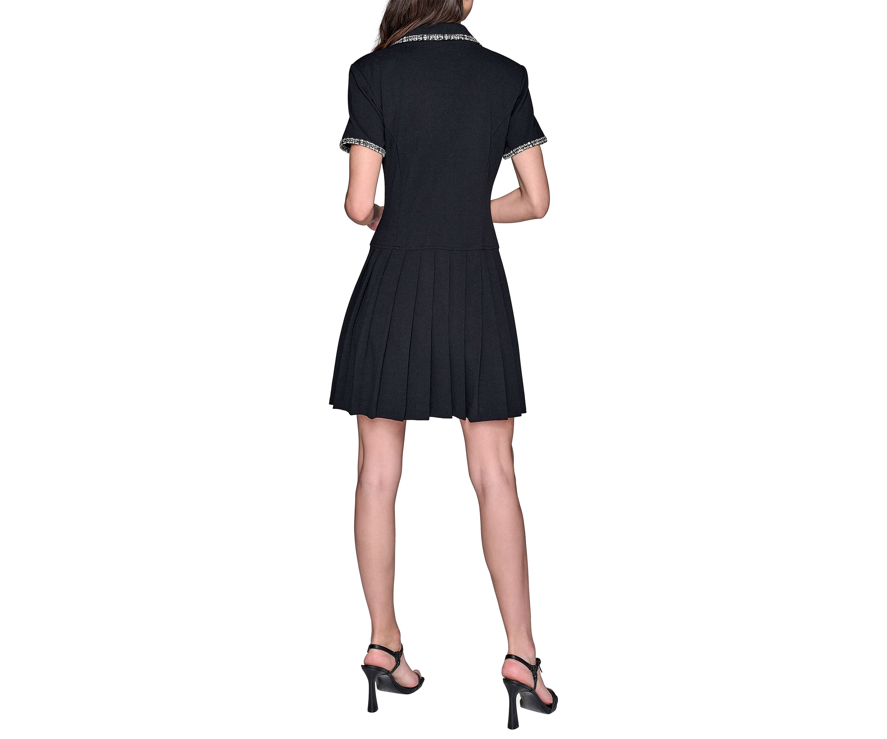 Womens Scuba Crepe Notch Collar Dress with Pleated Skirt