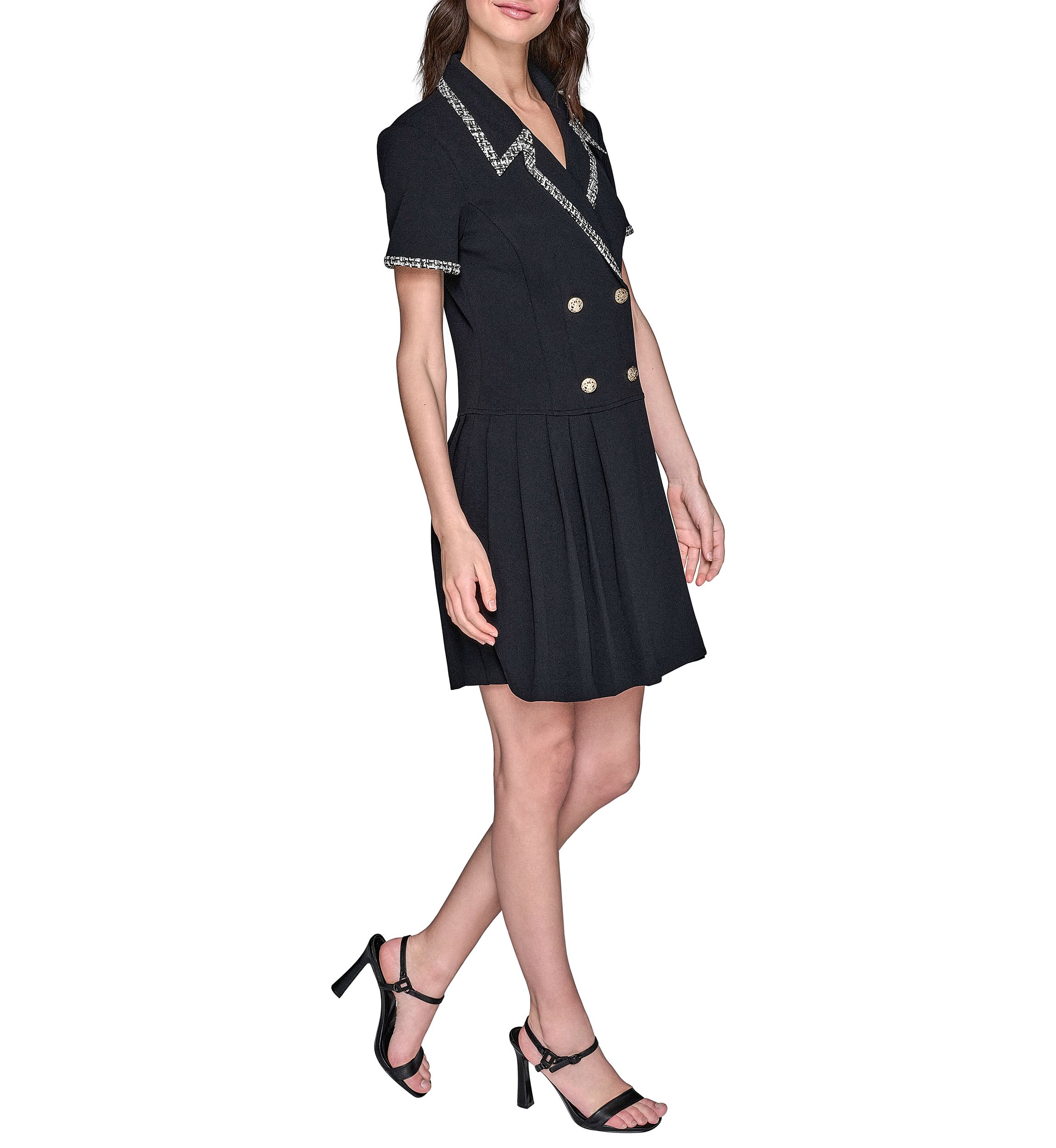 Womens Scuba Crepe Notch Collar Dress with Pleated Skirt