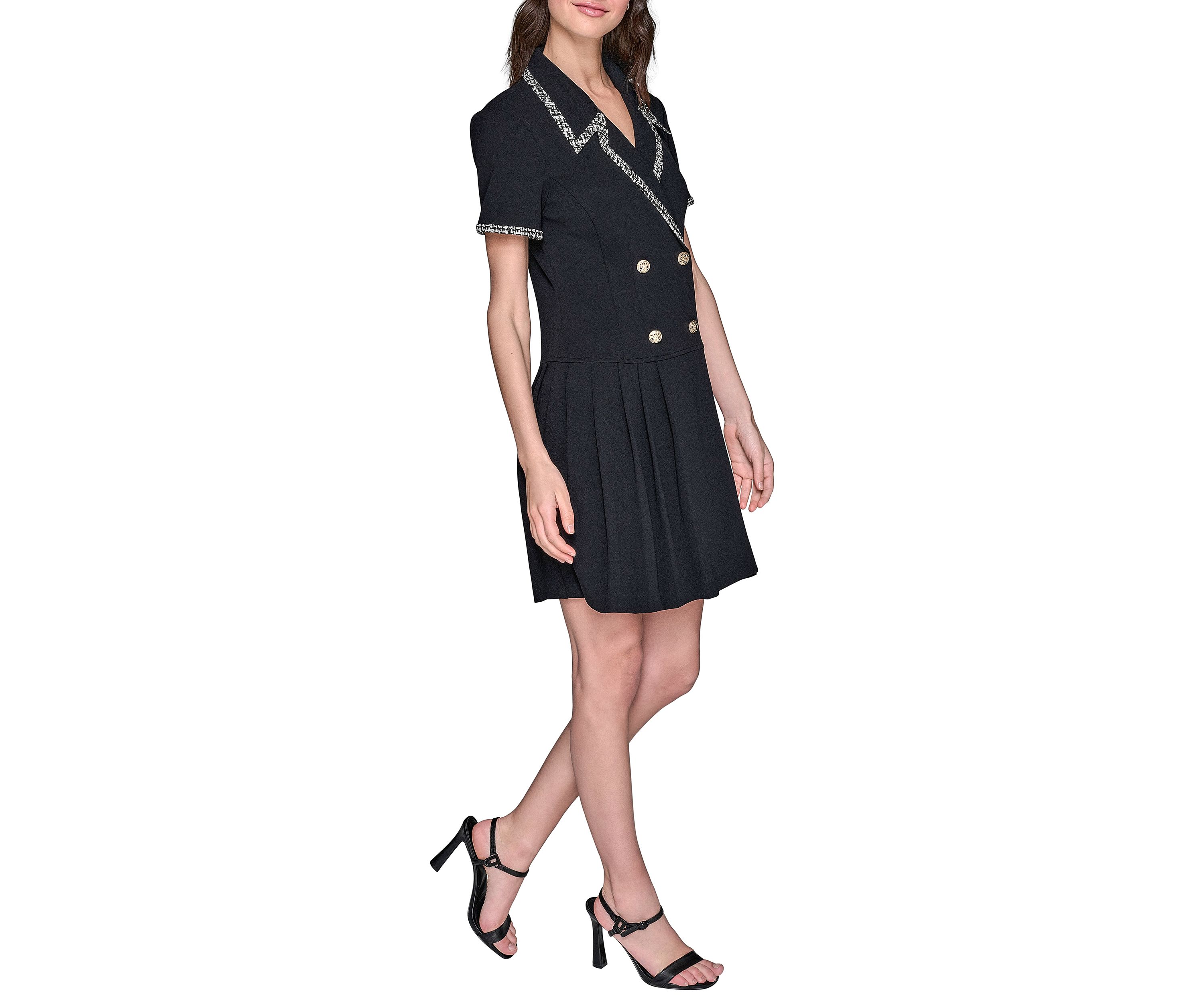 Womens Scuba Crepe Notch Collar Dress with Pleated Skirt